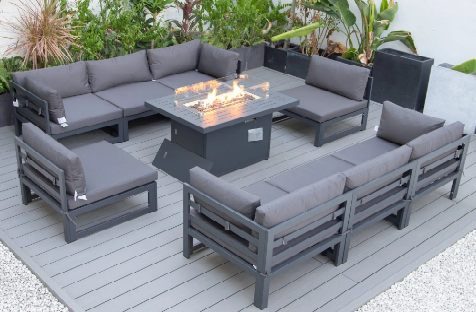 Brighton Range 8-Seater Furniture Sofa Set,All-Weather Garden Conservatory 3-Seater Sofa,Chairs with Fire Pit Table in Grey Aluminium Frame