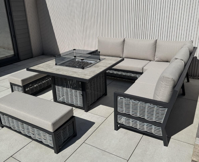 Bristol Range 9-Seater Garden Furniture Set,All-Weather Handwoven Sofa Set ,Square Table with Glass Wind Guard ,Black Mixed-Weaved Rattan with 2 Bench,Grey Cushions