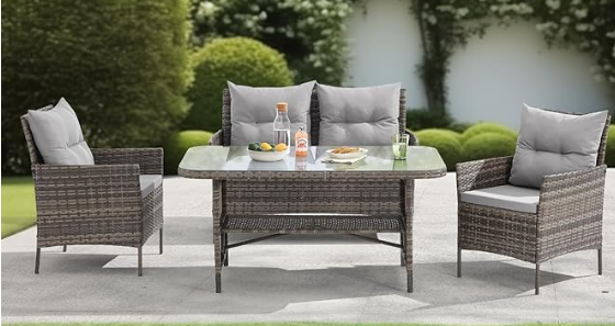 Alton Range Rattan Patio Furniture Set丨2*Single Chair&Dining Table丨Garden Conservatory 2-Seater Sofa丨Wicker Lounge Seating丨4-Seater with Grey Removable and Hand-Washable Cushions