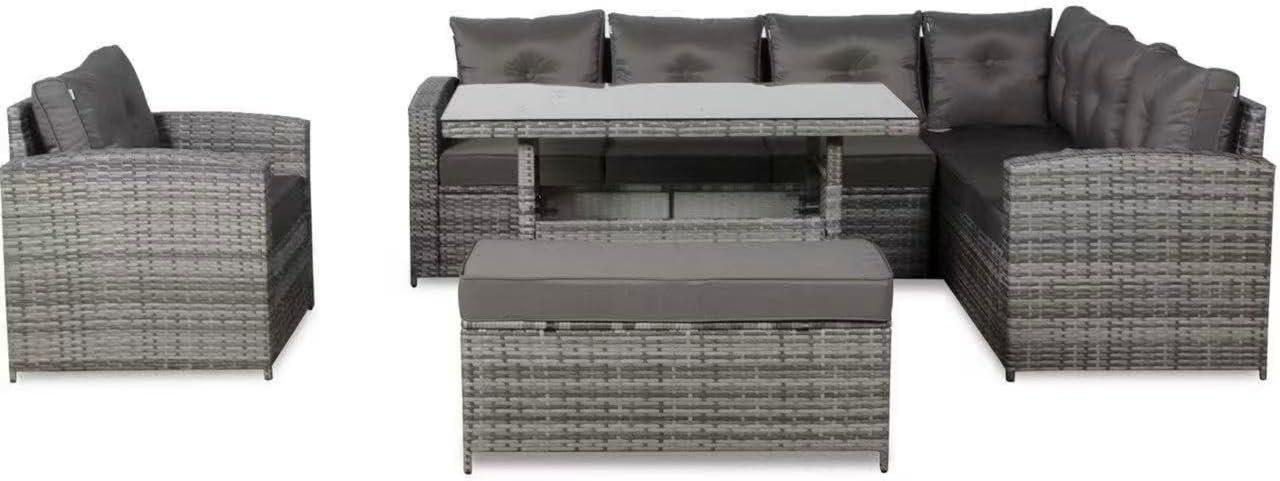 Henley Range 9-Seater High Back Elite Rattan Garden Conservatory RHF Corner Sofa Set with Arm Chair,Bench,Rectangular Dining Table Weaved in Grey Rattan and Cushions