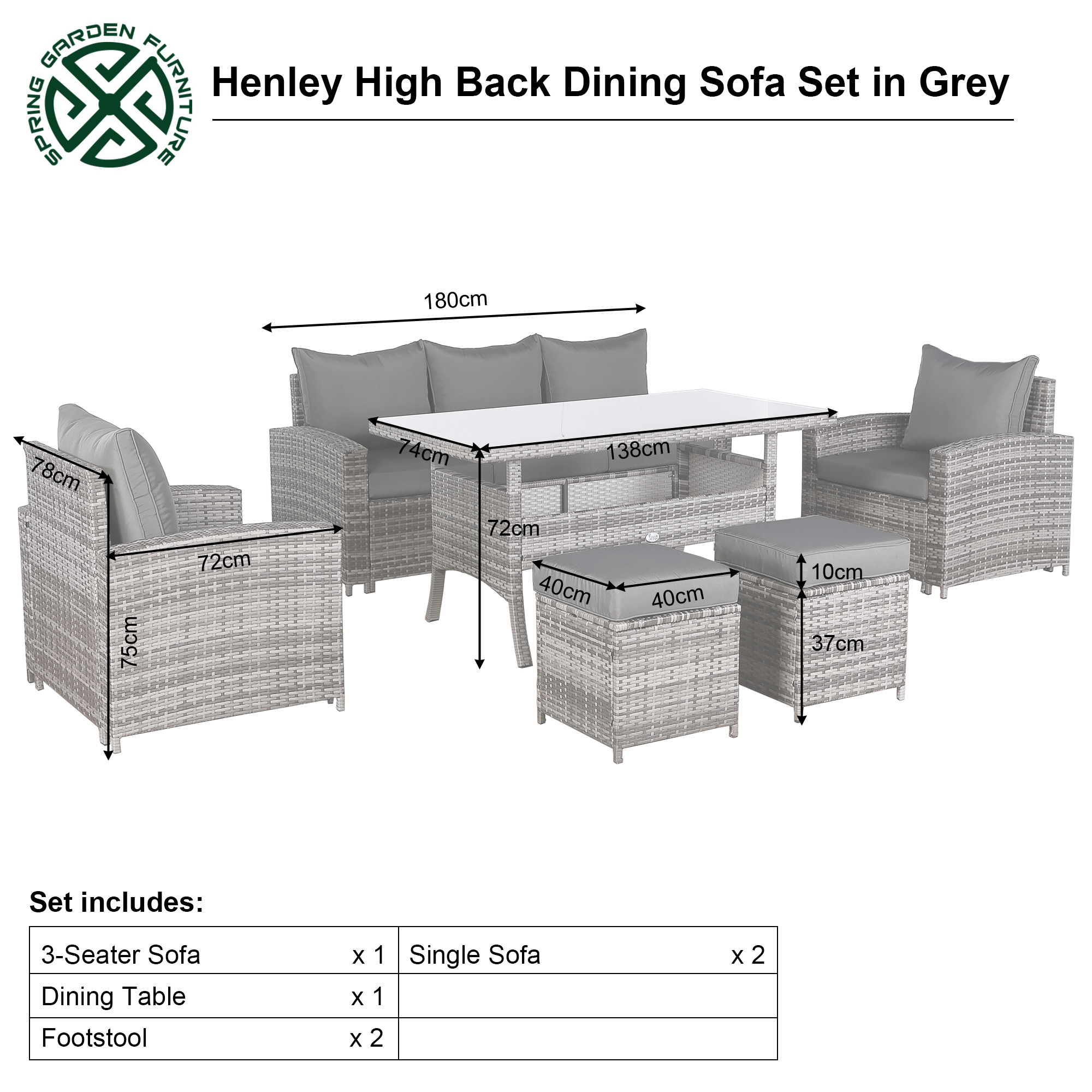 Henley Range 7-Seater High Back Large Dining Sofa Set,Garden Conservatory Sofa with Arm Chairs,Footstools,Rectangular Dining Table Weaved in Grey Rattan and Cushion