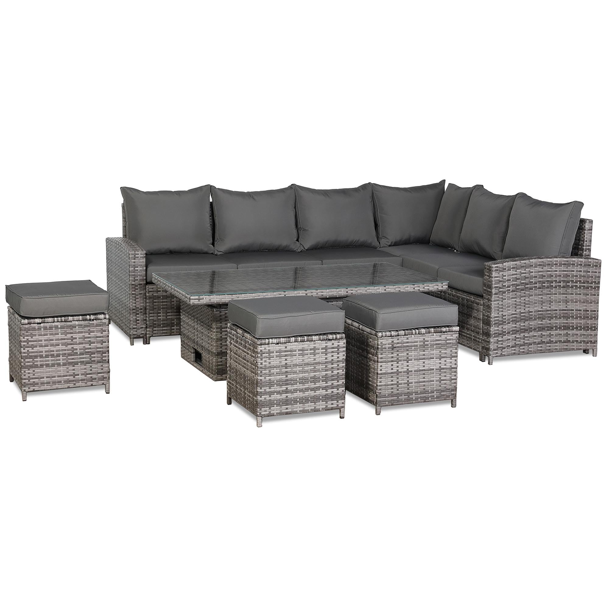 Henley Range 9-Seater High Back Rattan RHF Dining Corner Sofa Set, Garden Conservatory Corner Sofa,Rising Glass Dining Table with 3 footstools and Cushions