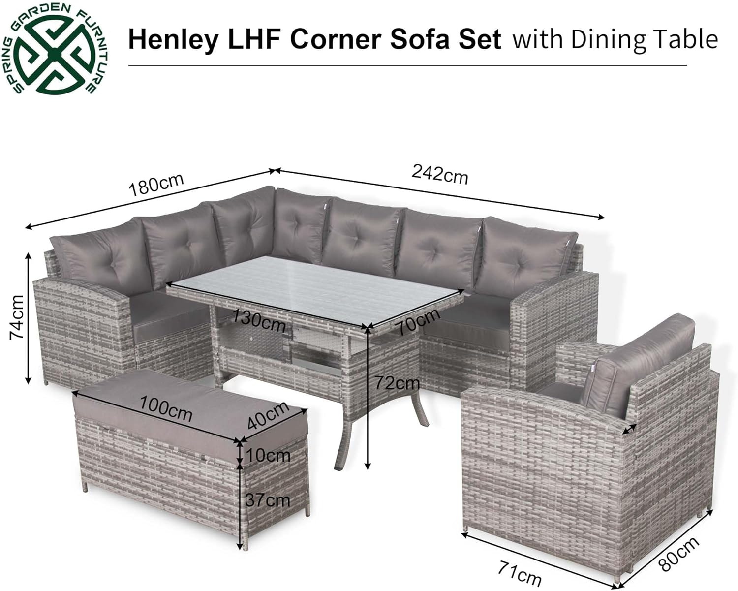 Henley Range 9-Seater High Back Elite Rattan Garden Conservatory LHF Corner Sofa Set with Arm Chair,Bench,Rectangular Dining Table Weaved in Grey Rattan and Cushions