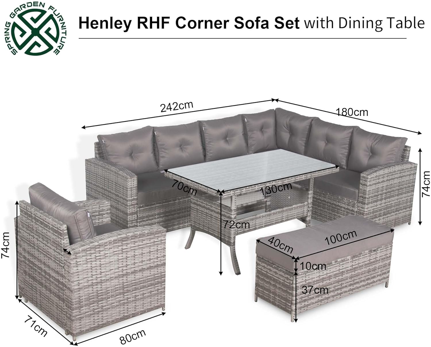 Henley Range 9-Seater High Back Elite Rattan Garden Conservatory RHF Corner Sofa Set with Arm Chair,Bench,Rectangular Dining Table Weaved in Grey Rattan and Cushions