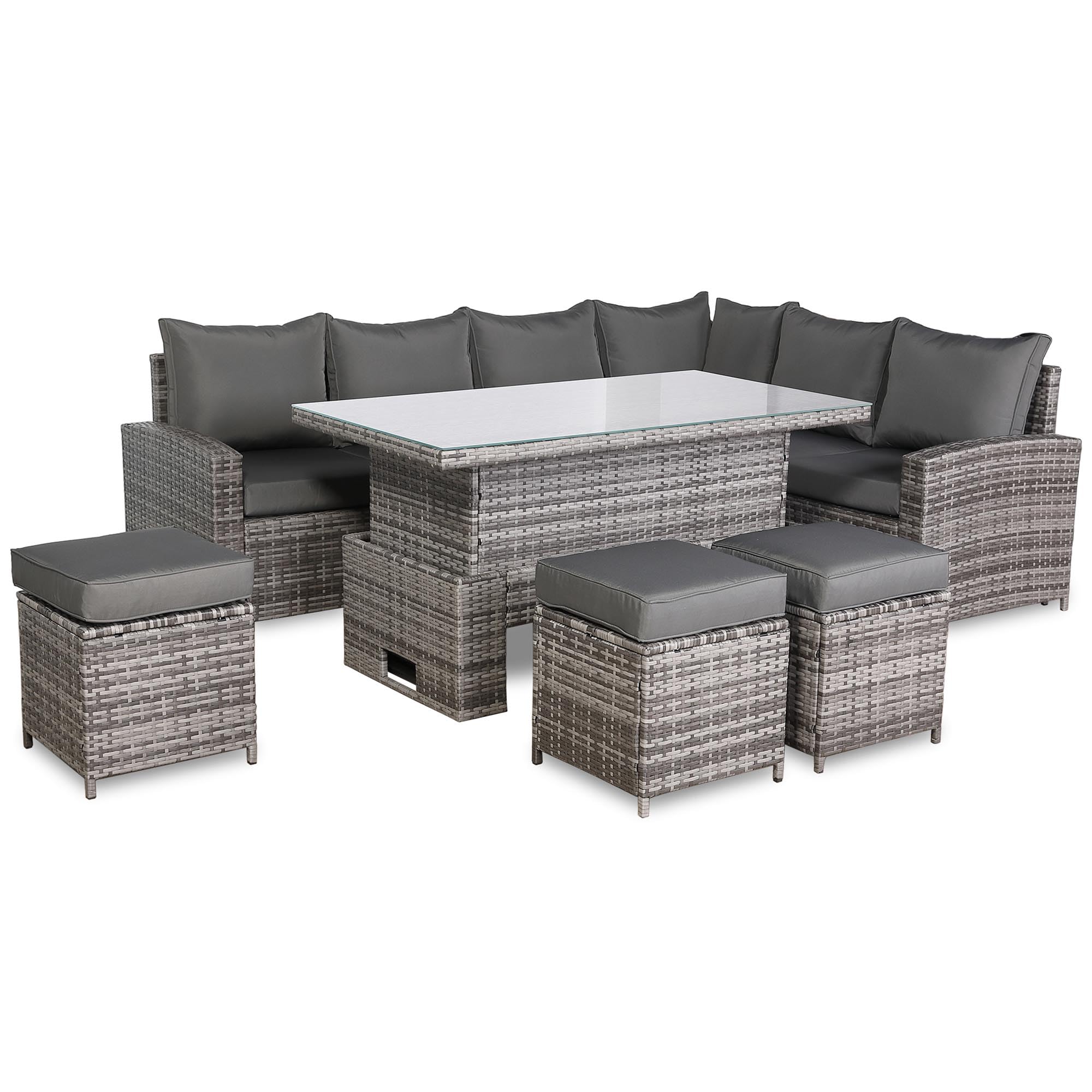 Henley Range 9-Seater High Back Rattan RHF Dining Corner Sofa Set, Garden Conservatory Corner Sofa,Rising Glass Dining Table with 3 footstools and Cushions