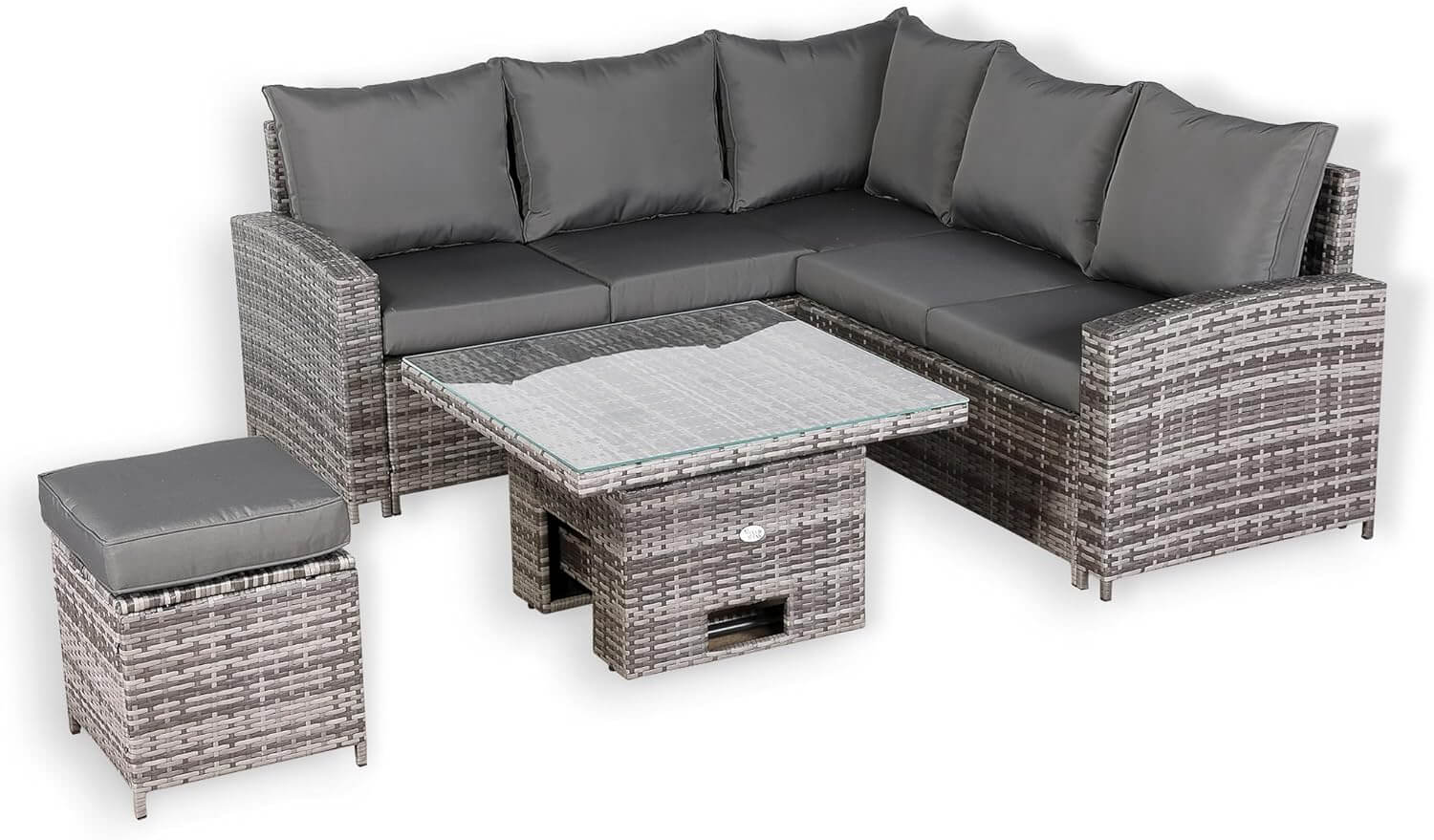 Henley Range 6-Seater High Back Elite Rattan Garden Conservatory Corner Sofa Set with Footstool and Rising Square Dining Table Weaved in Grey Rattan,Grey Cushions