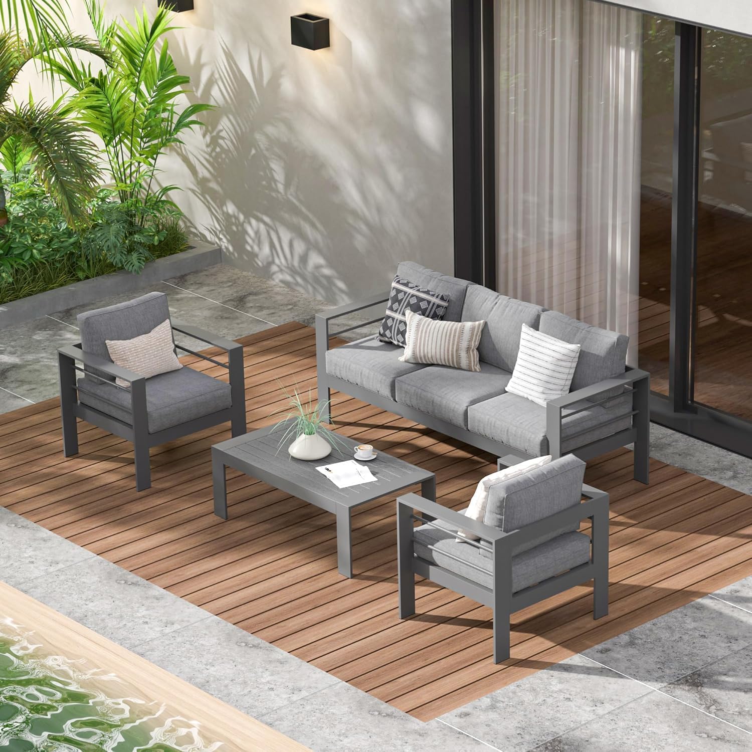 Brighton Range 4-Seater Sofa Set,All-Weather Garden Conservatory Loveseats,Chairs and Fire Pit Table in Grey Aluminium Frame