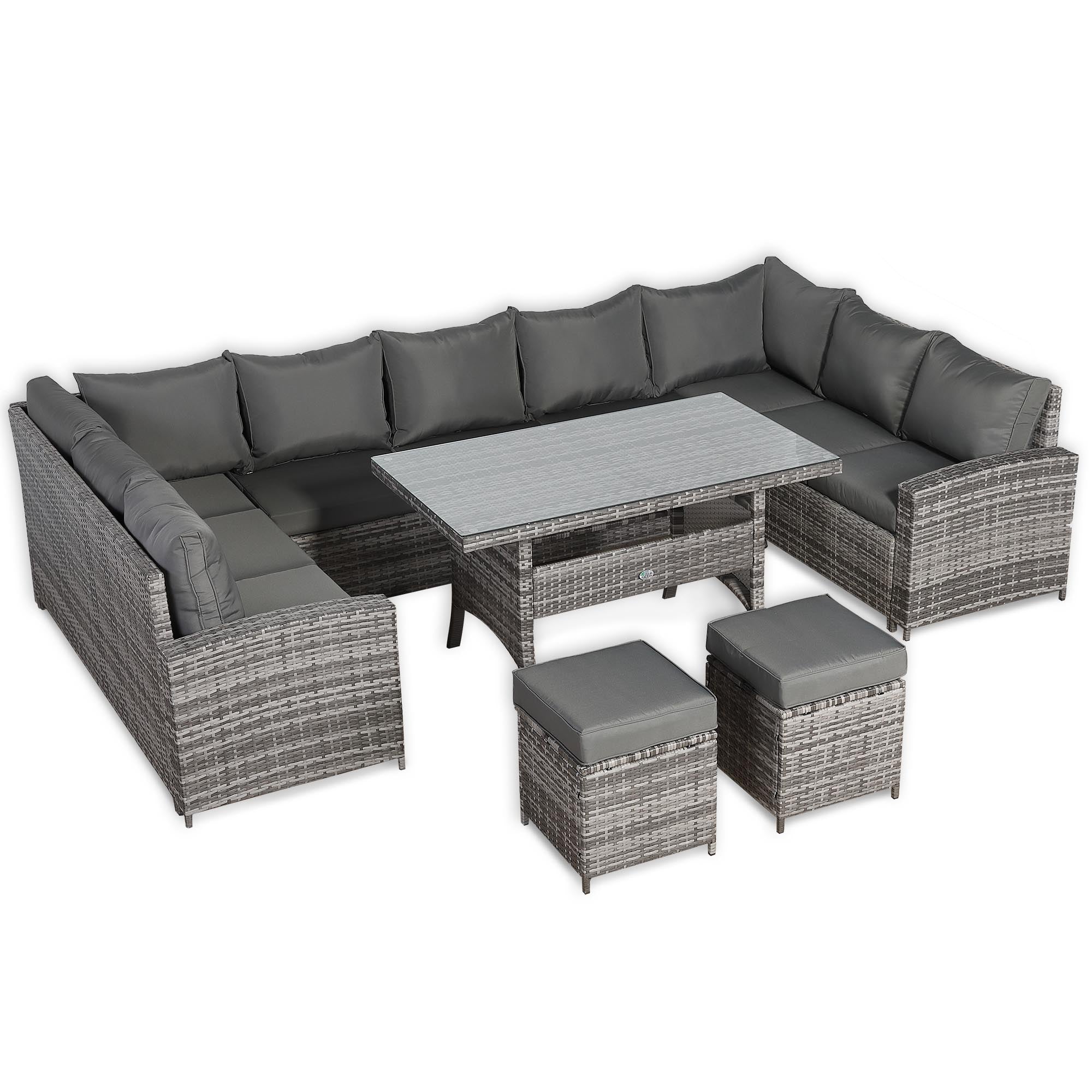 Henley Range 11-Seater High Back Large U-shaped Dining Sofa Set,Garden Conservatory Sofa with Footstools,Rectangular Dining Table Weaved in Grey Rattan and Cushion