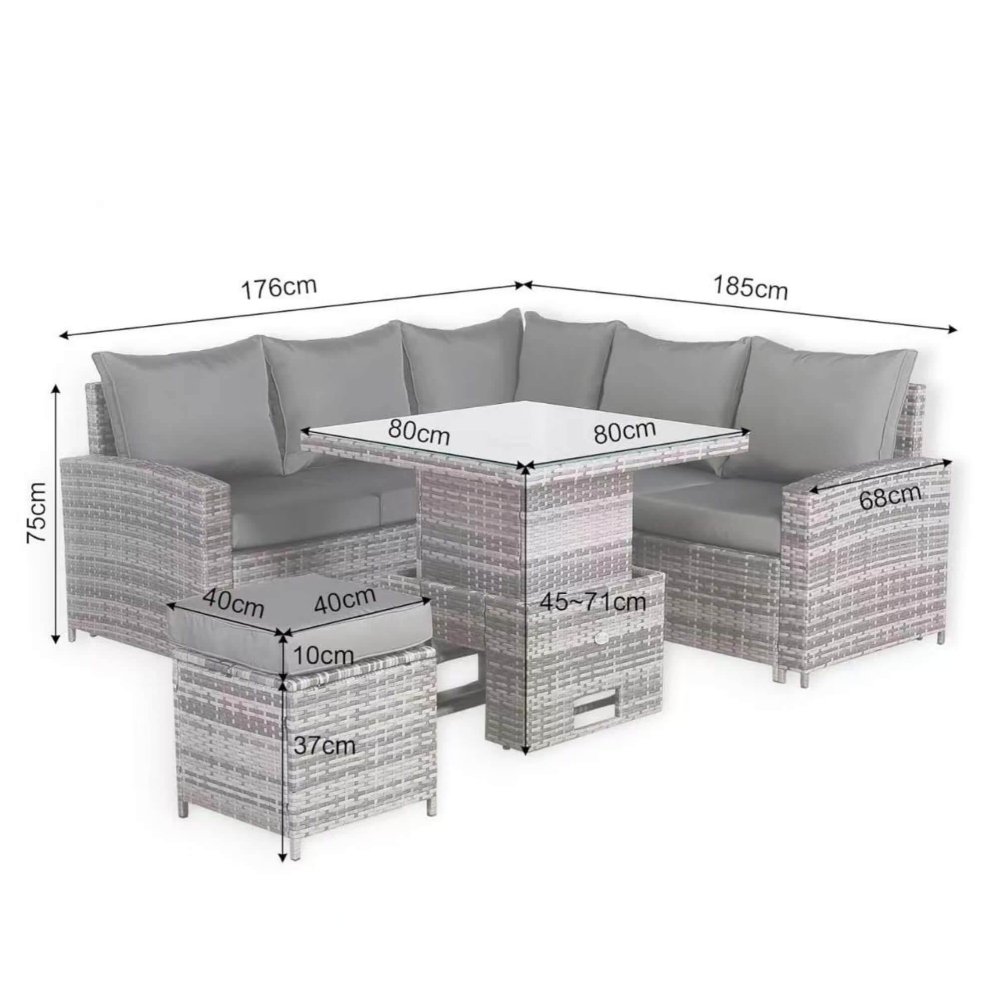 Henley Range 6-Seater High Back Elite Rattan Garden Conservatory Corner Sofa Set with Footstool and Rising Square Dining Table Weaved in Grey Rattan,Grey Cushions