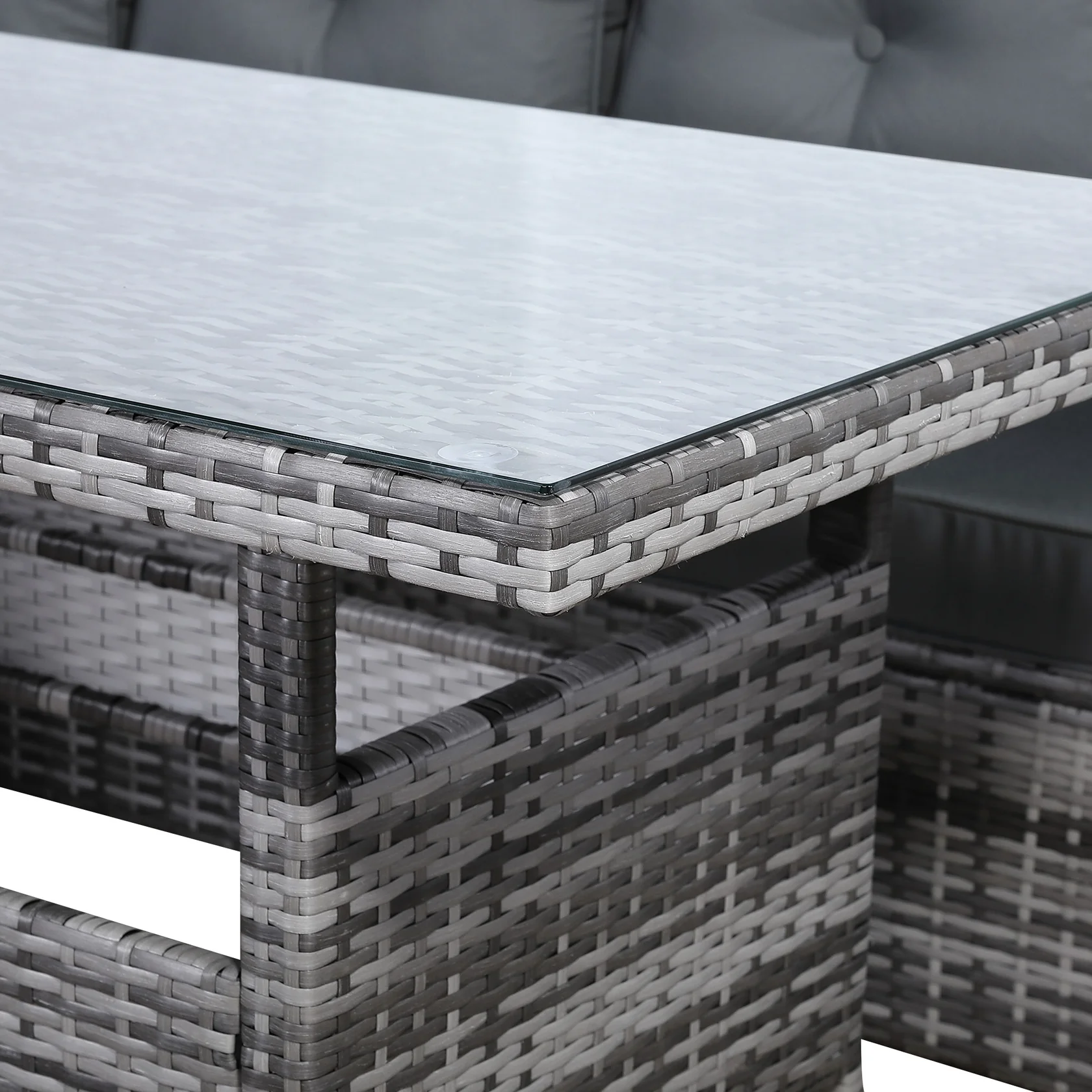 Henley Range 9-Seater High Back Elite Rattan Garden Conservatory LHF Corner Sofa Set with Arm Chair,Bench,Rectangular Dining Table Weaved in Grey Rattan and Cushions