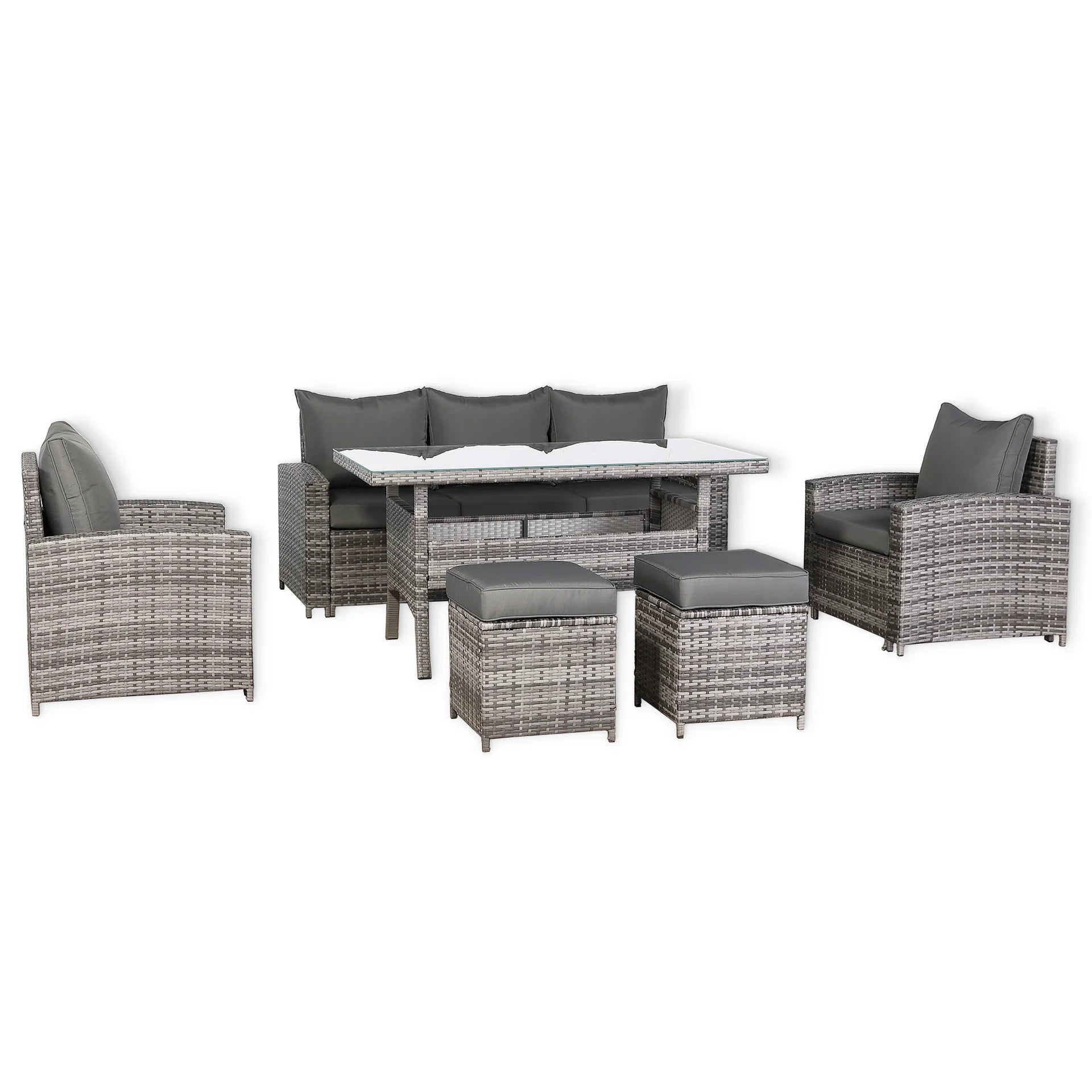 Henley Range 7-Seater High Back Large Dining Sofa Set,Garden Conservatory Sofa with Arm Chairs,Footstools,Rectangular Dining Table Weaved in Grey Rattan and Cushion