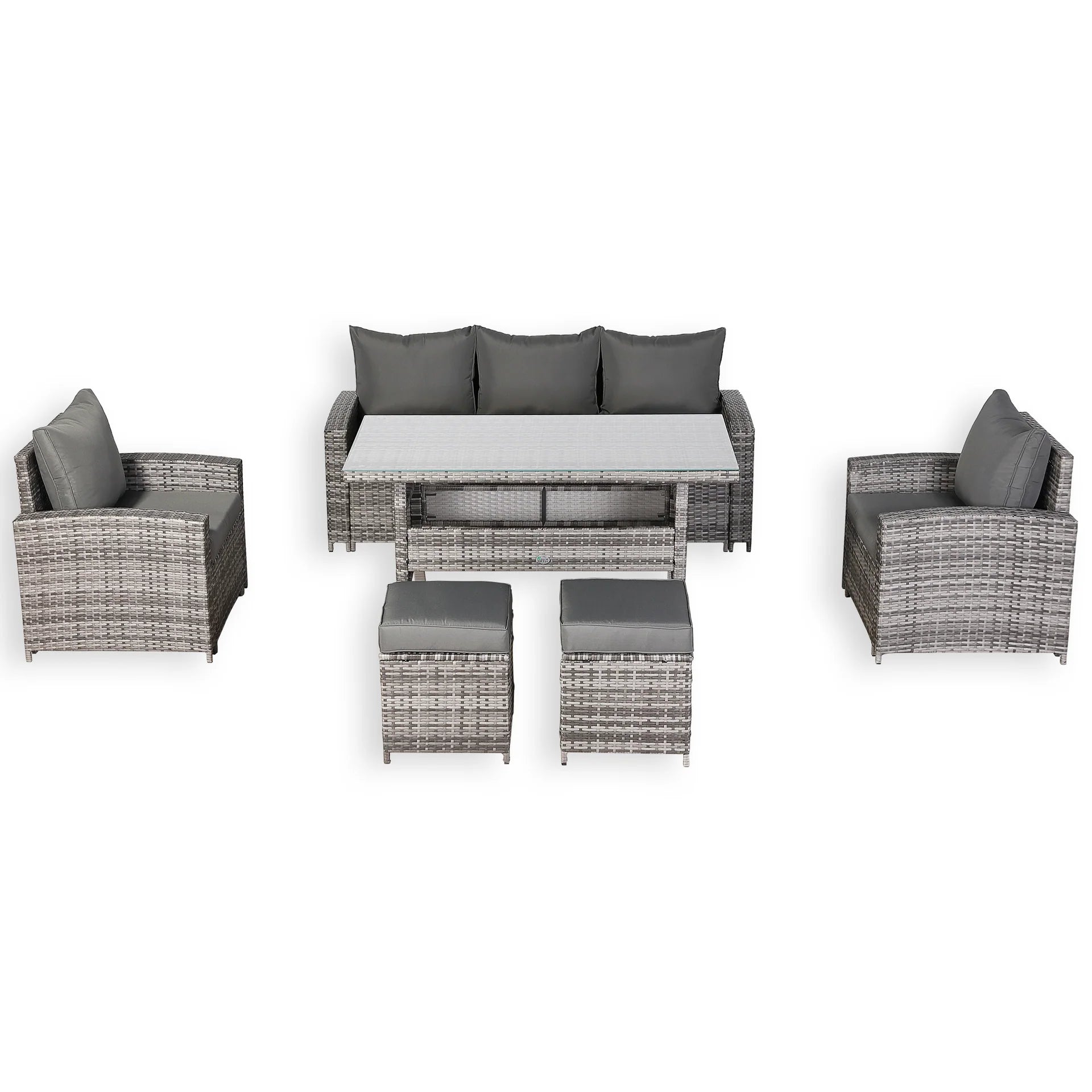 Henley Range 7-Seater High Back Large Dining Sofa Set,Garden Conservatory Sofa with Arm Chairs,Footstools,Rectangular Dining Table Weaved in Grey Rattan and Cushion