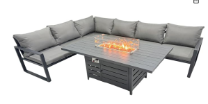 Brighton Range 6-Seater Sofa Set,All-Weather Garden Conservatory Corner Sofa with Fire Pit Table in Grey Aluminium Frame