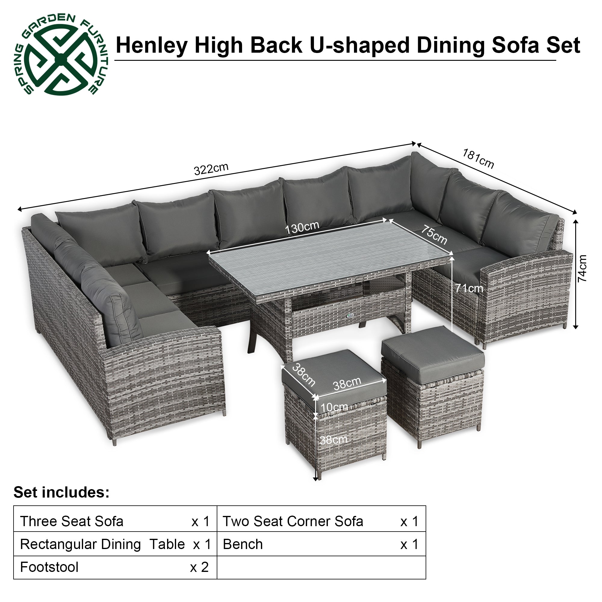 Henley Range 11-Seater High Back Large U-shaped Dining Sofa Set,Garden Conservatory Sofa with Footstools,Rectangular Dining Table Weaved in Grey Rattan and Cushion