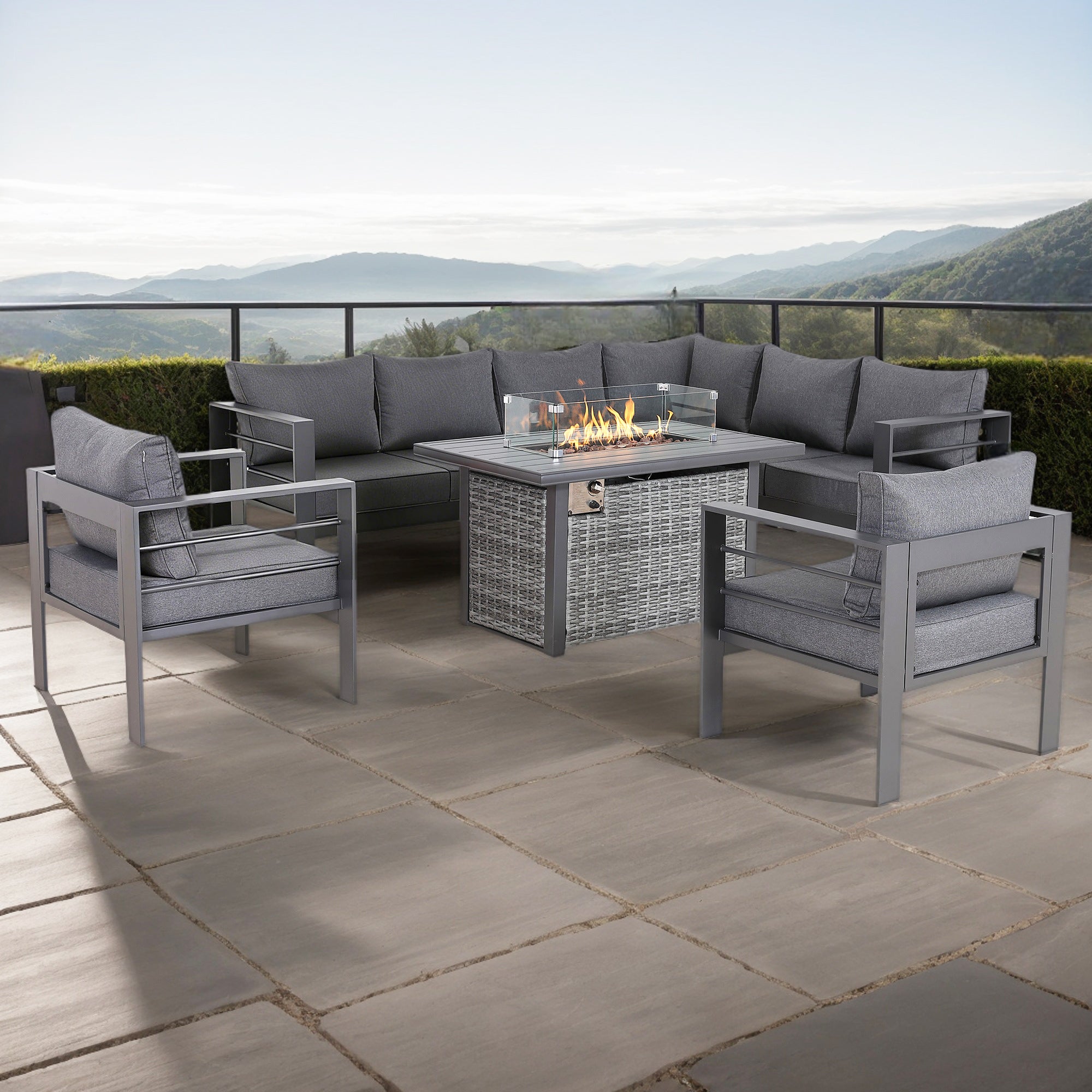 Brighton Range 8-Seater Sofa Set,All-Weather Garden Conservatory Corner Sofa,Arm Chairs with Fire Pit Table in Grey Aluminium Frame