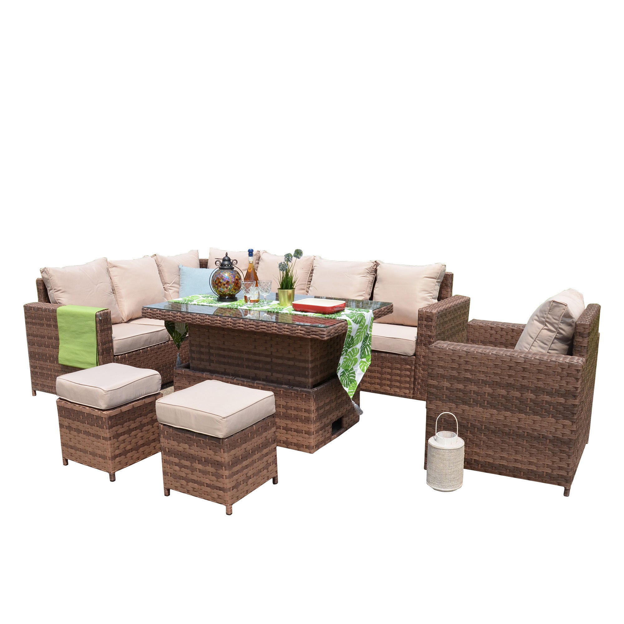 Canna Range High Back LHF Large Dining Corner Sofa Set with Rising Table and Armchair Table In Large Brown