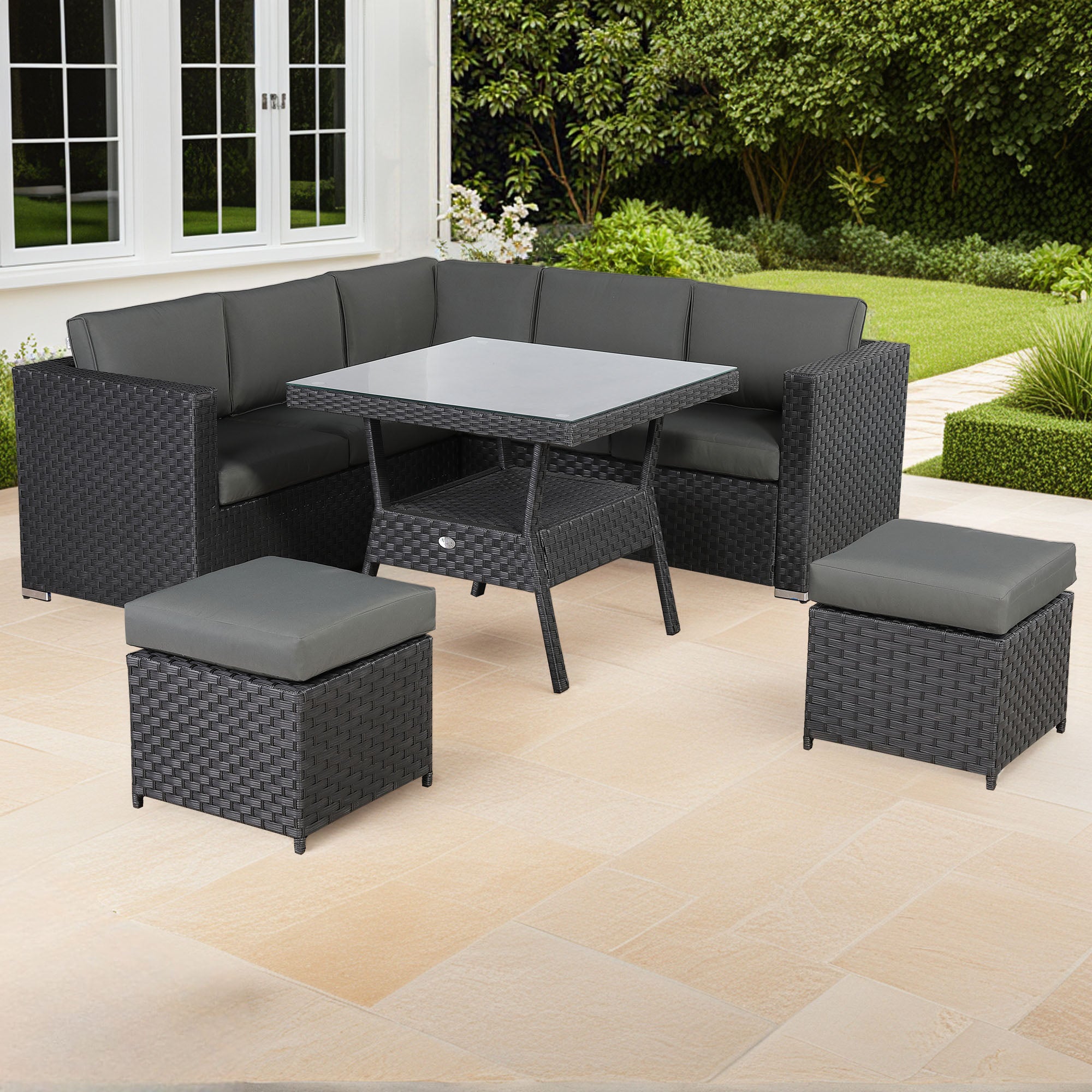 [Pre Order]Bath 7-Seater Rattan Corner Sofa Dining Set | All-Weather Patio Sectional with Dining Table & Footstools