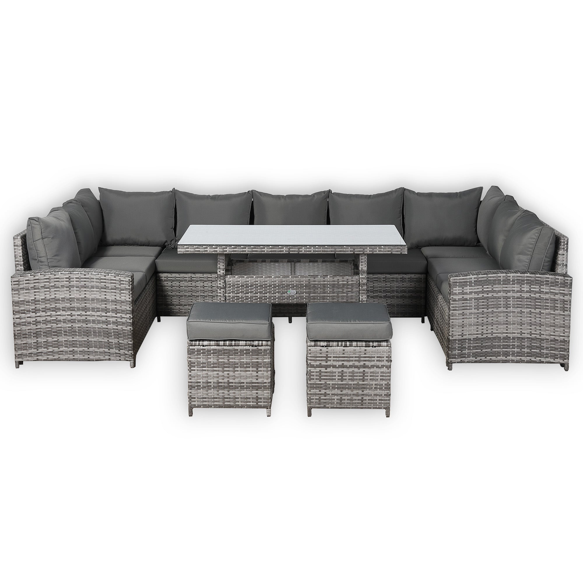 Henley Range 11-Seater High Back Large U-shaped Dining Sofa Set，Garden Conservatory Sofa with Footstools，Rectangular Dining Table Weaved in Grey Rattan and Cushion