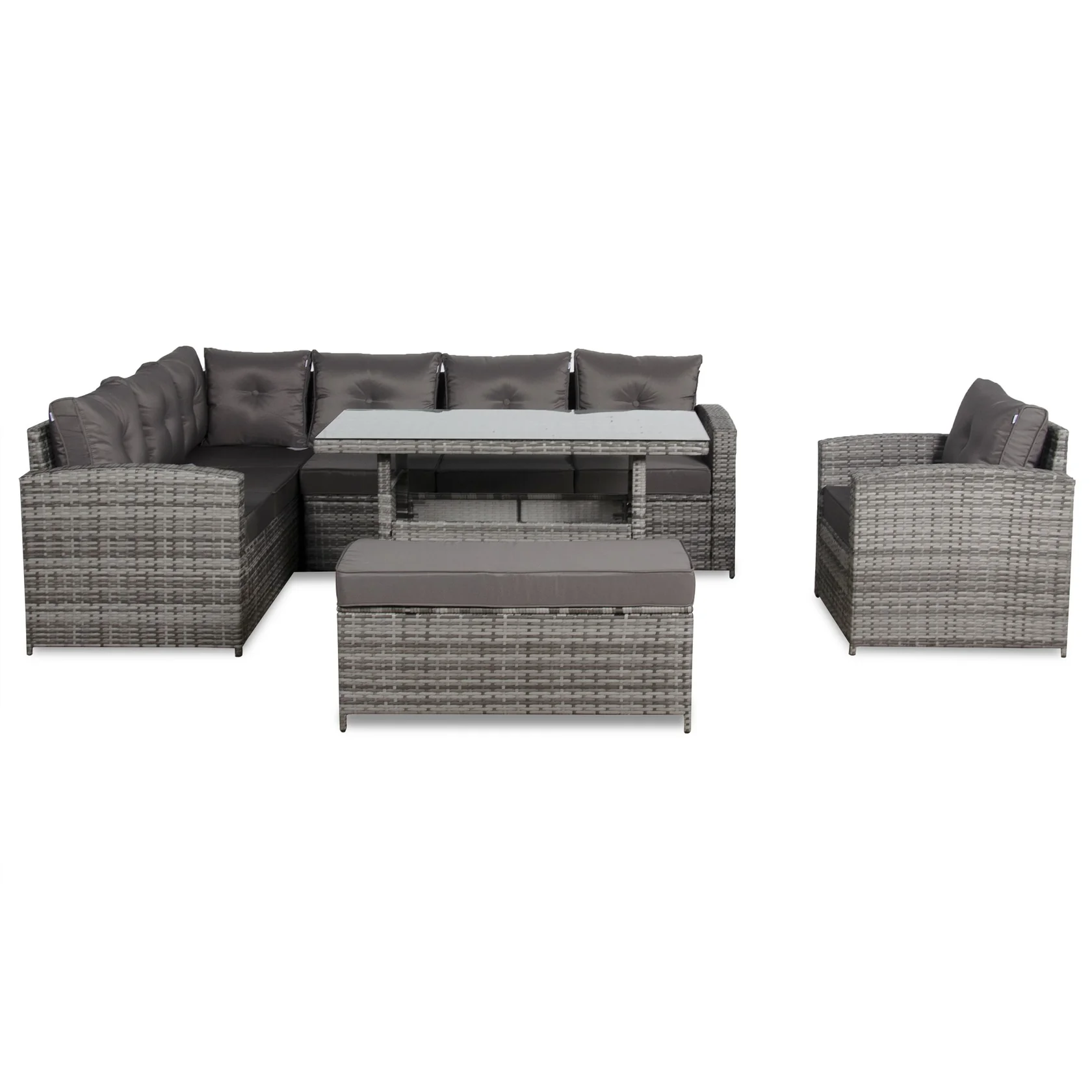 Henley Range 9-Seater High Back Elite Rattan Garden Conservatory LHF Corner Sofa Set with Arm Chair,Bench,Rectangular Dining Table Weaved in Grey Rattan and Cushions
