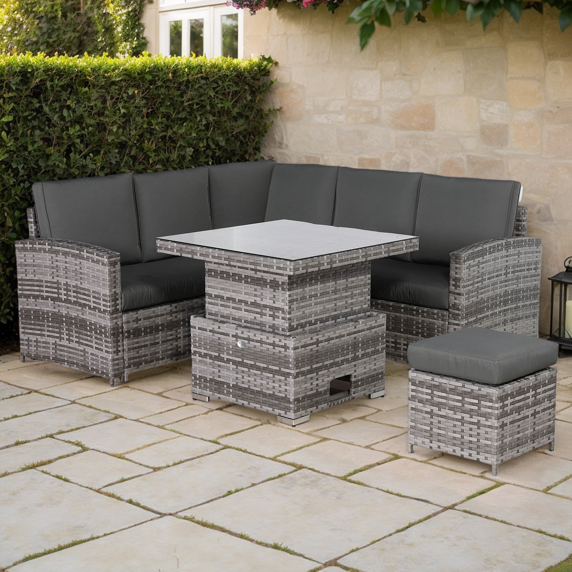 Henley Range 6-Seater High Back Elite Rattan Garden Conservatory Corner Sofa Set with Footstool and Rising Square Dining Table Weaved in Grey Rattan，Grey Cushions