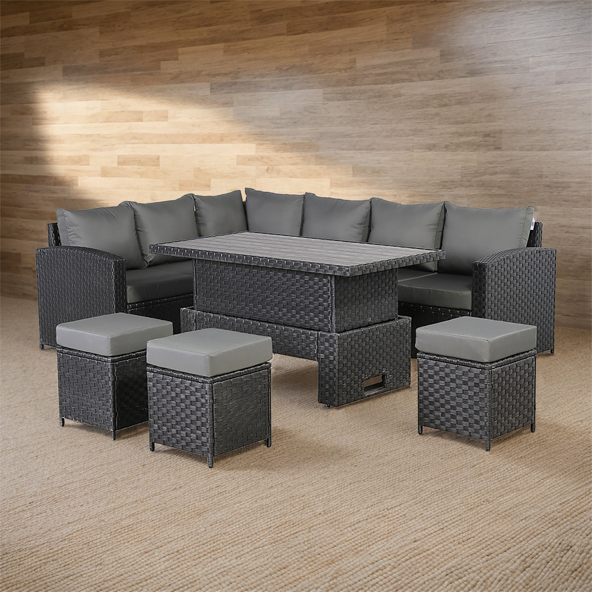 Primo Range High Back LHF Dining Corner Sofa Set in Black Weave with Rising Table