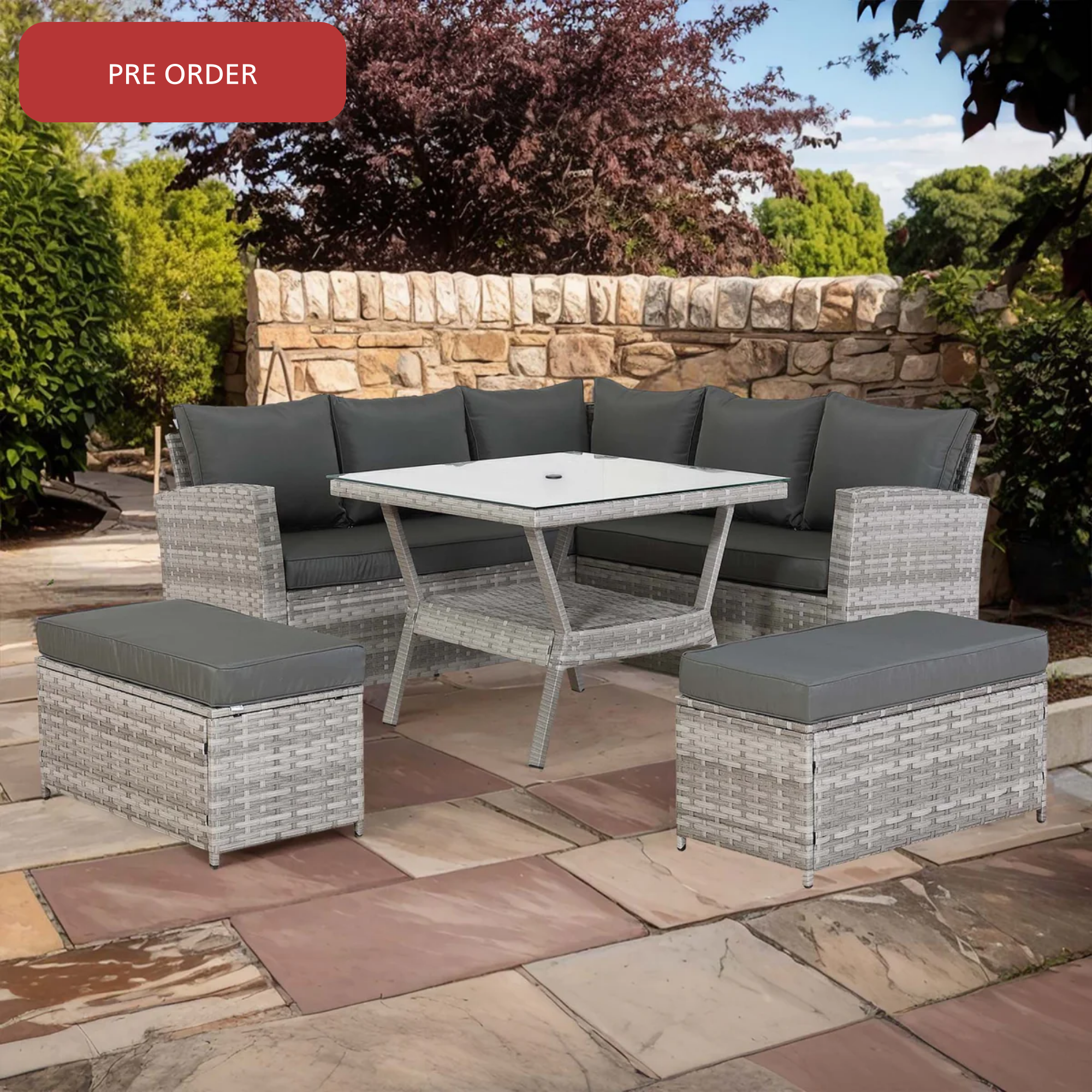 [Pre Order]Bristol Range 9 Seater Rattan Garden Furniture Set | All-Weather Sofa & Dining Set with Glass Table, 2 Benches & Parasol Hole (Grey)