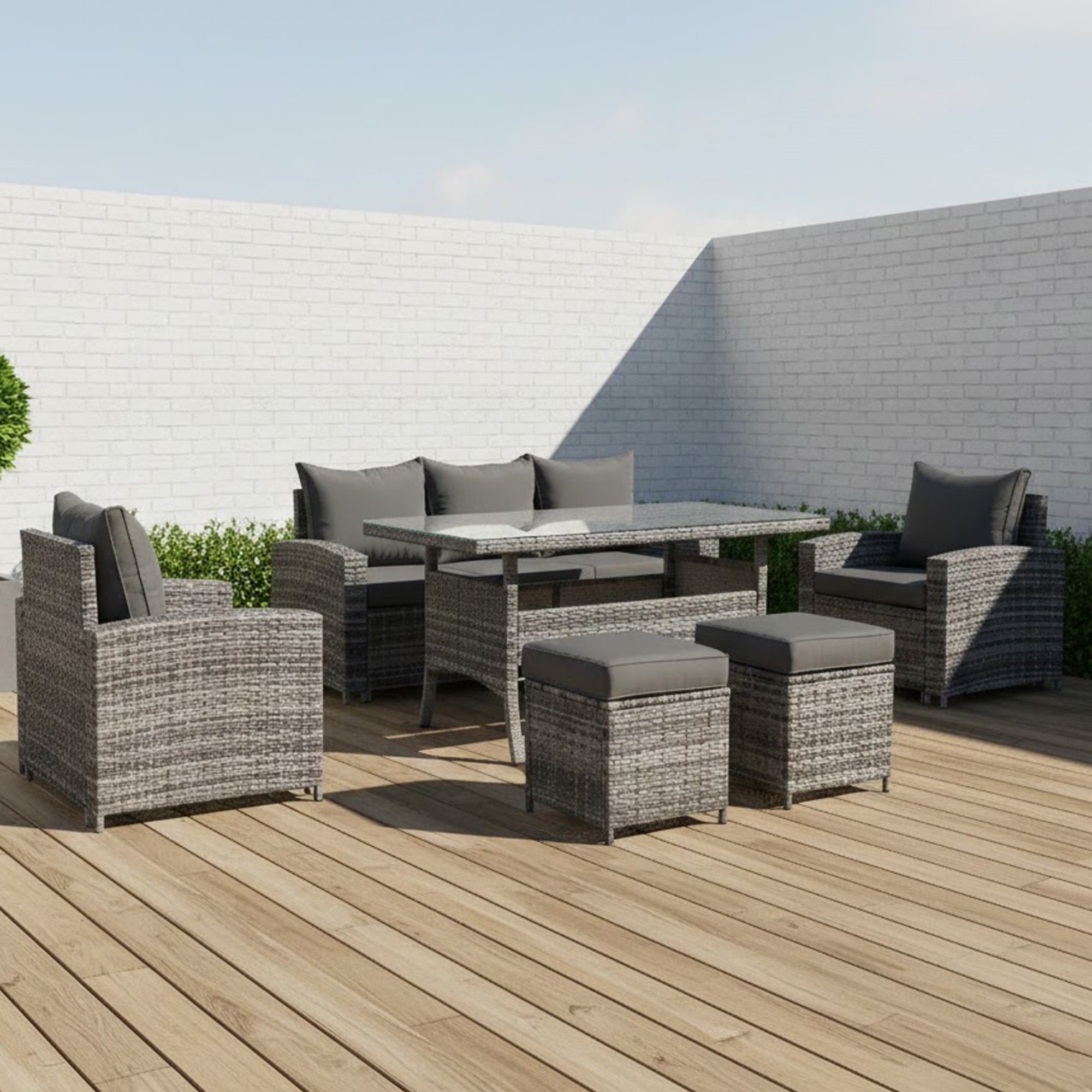 Florida Range 7-Seater High Back Large Dining Sofa Set，Garden Conservatory Sofa with Arm Chairs，Footstools，Rectangular Dining Table Weaved in Grey Rattan and Cushion