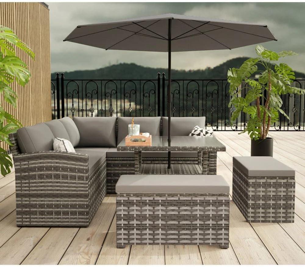 Bristol Range 9 Seater Garden Furniture Set with Parasol Hole，All-Weather Handwoven Sofa Set with Glass Table，Grey Mixed-Weaved Rattan with 2 Bench，Grey Cushions