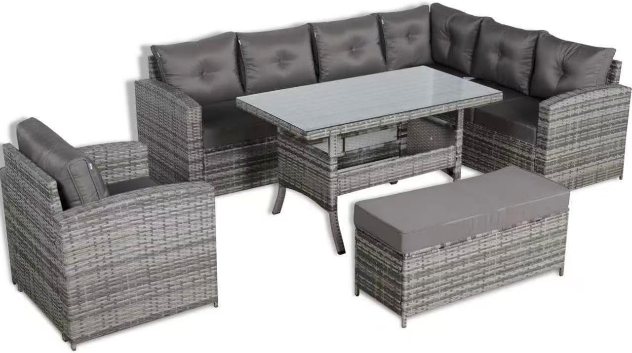 Henley Range 9-Seater High Back Elite Rattan Garden Conservatory RHF Corner Sofa Set with Arm Chair,Bench,Rectangular Dining Table Weaved in Grey Rattan and Cushions