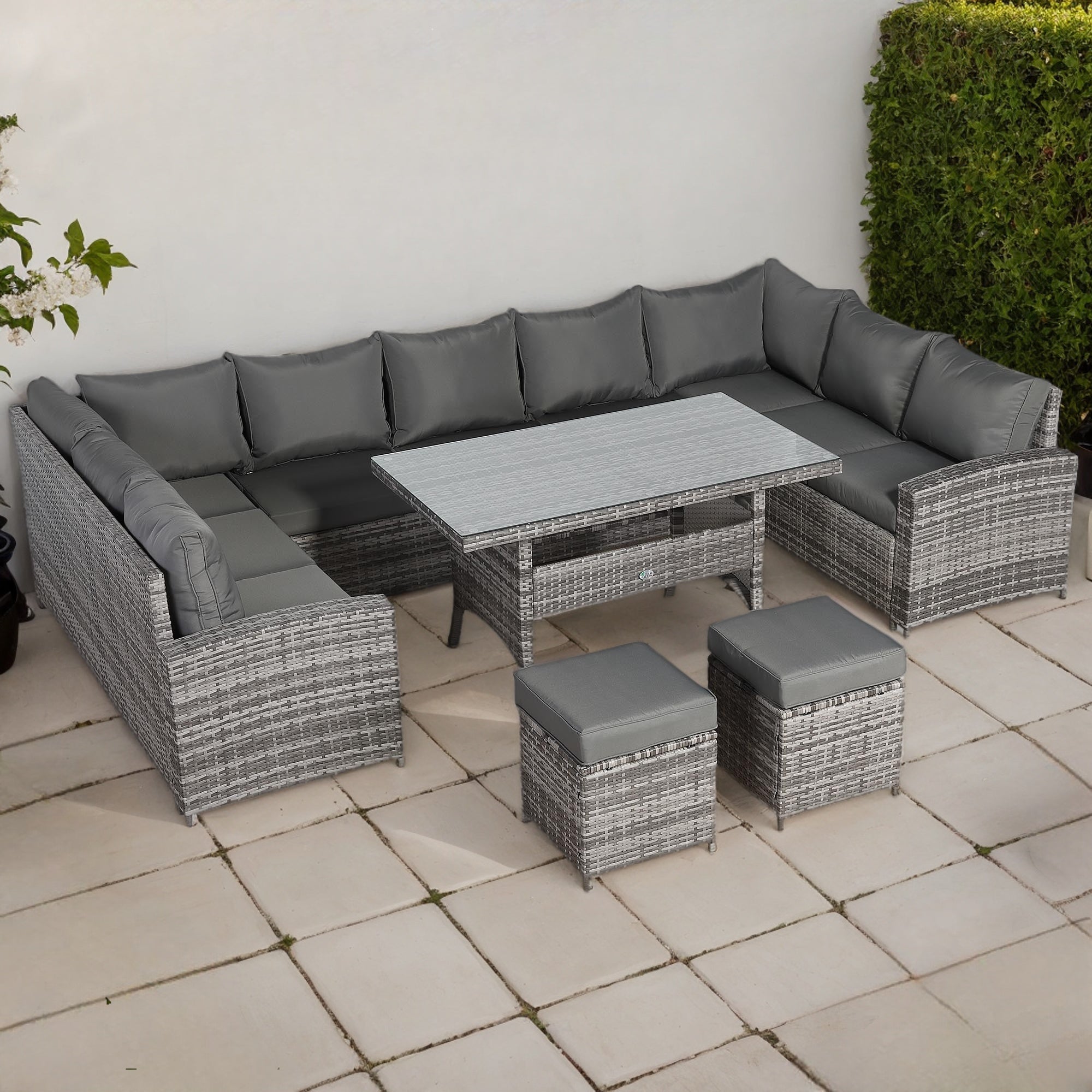 Henley Range 11-Seater High Back Large U-shaped Dining Sofa Set，Garden Conservatory Sofa with Footstools，Rectangular Dining Table Weaved in Grey Rattan and Cushion