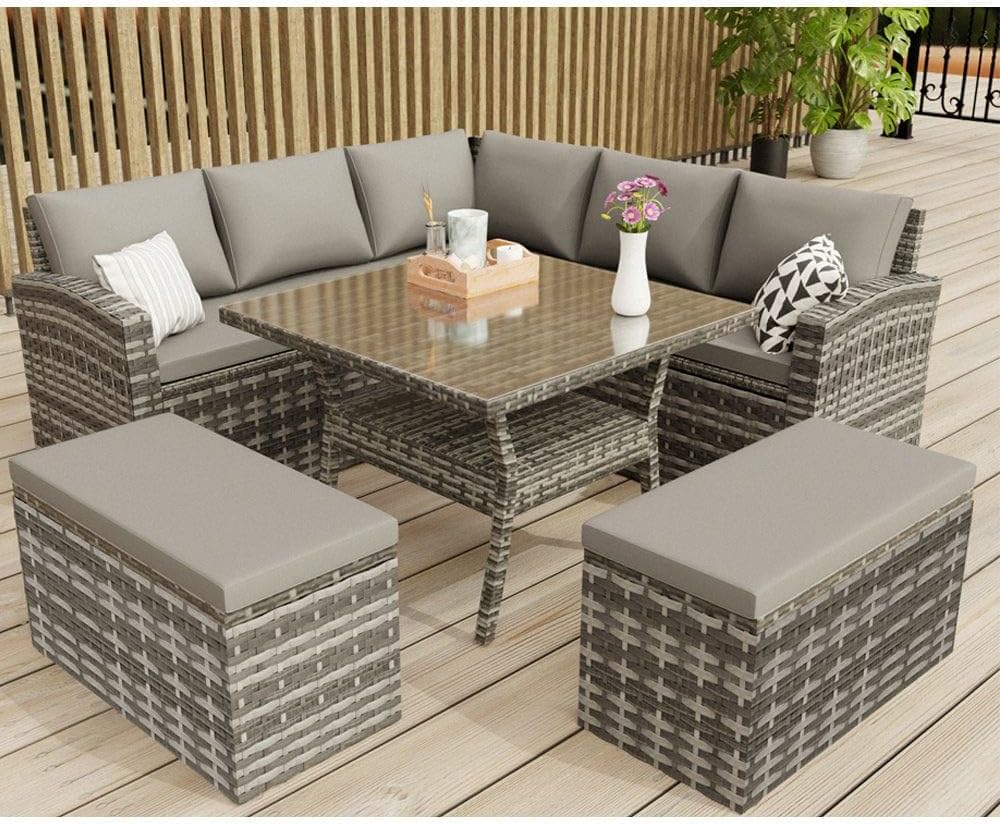 Bristol Range 9 Seater Garden Furniture Set with Parasol Hole，All-Weather Handwoven Sofa Set with Glass Table，Grey Mixed-Weaved Rattan with 2 Bench，Grey Cushions