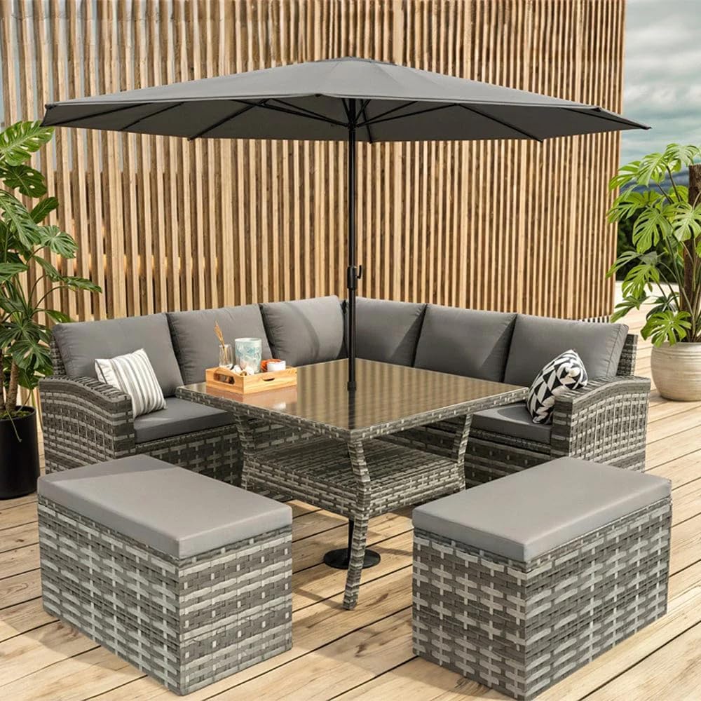 Bristol Range 9 Seater Garden Furniture Set with Parasol Hole，All-Weather Handwoven Sofa Set with Glass Table，Grey Mixed-Weaved Rattan with 2 Bench，Grey Cushions