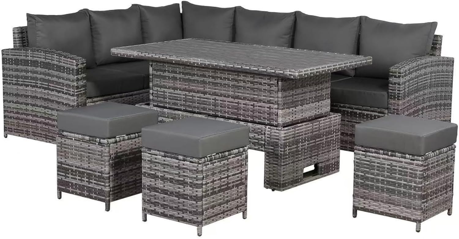 Henley Range 9-Seater High Back Rattan LHF Dining Corner Sofa Set , Garden Conservatory Corner Sofa，Rising Glass Dining Table with 3 footstools and Cushions