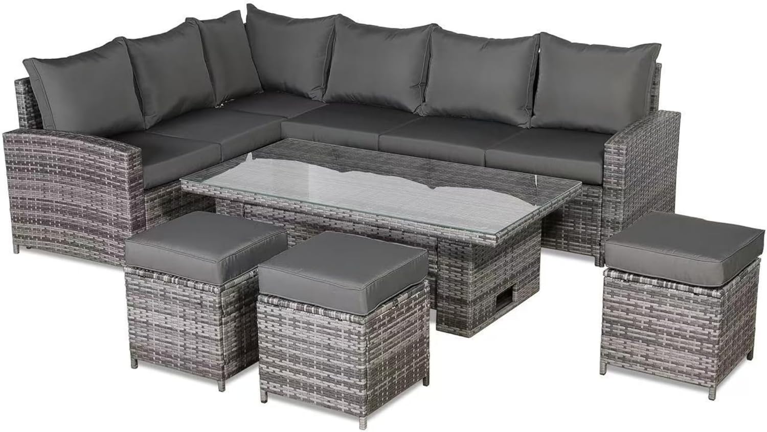 Henley Range 9-Seater High Back Rattan LHF Dining Corner Sofa Set , Garden Conservatory Corner Sofa，Rising Glass Dining Table with 3 footstools and Cushions