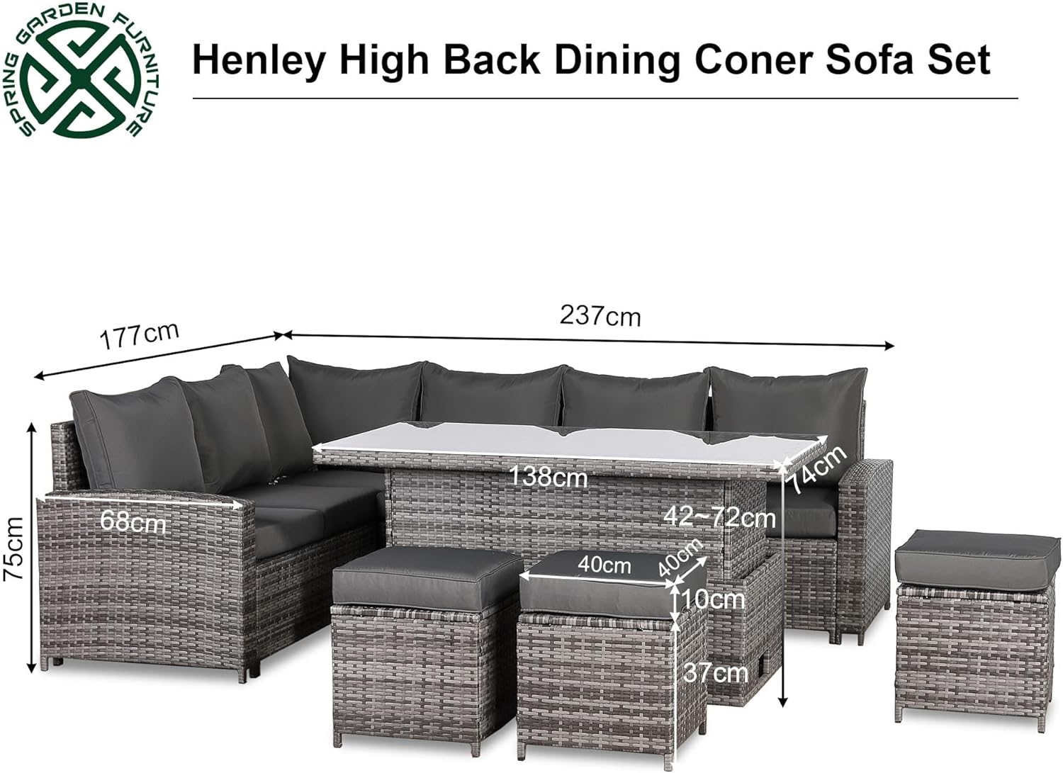 Henley Range 9-Seater High Back Rattan LHF Dining Corner Sofa Set , Garden Conservatory Corner Sofa，Rising Glass Dining Table with 3 footstools and Cushions