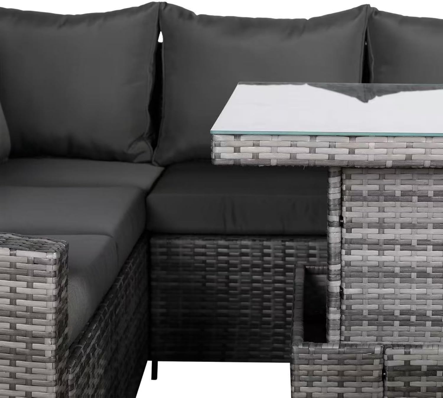 Henley Range 9-Seater High Back Rattan LHF Dining Corner Sofa Set , Garden Conservatory Corner Sofa，Rising Glass Dining Table with 3 footstools and Cushions