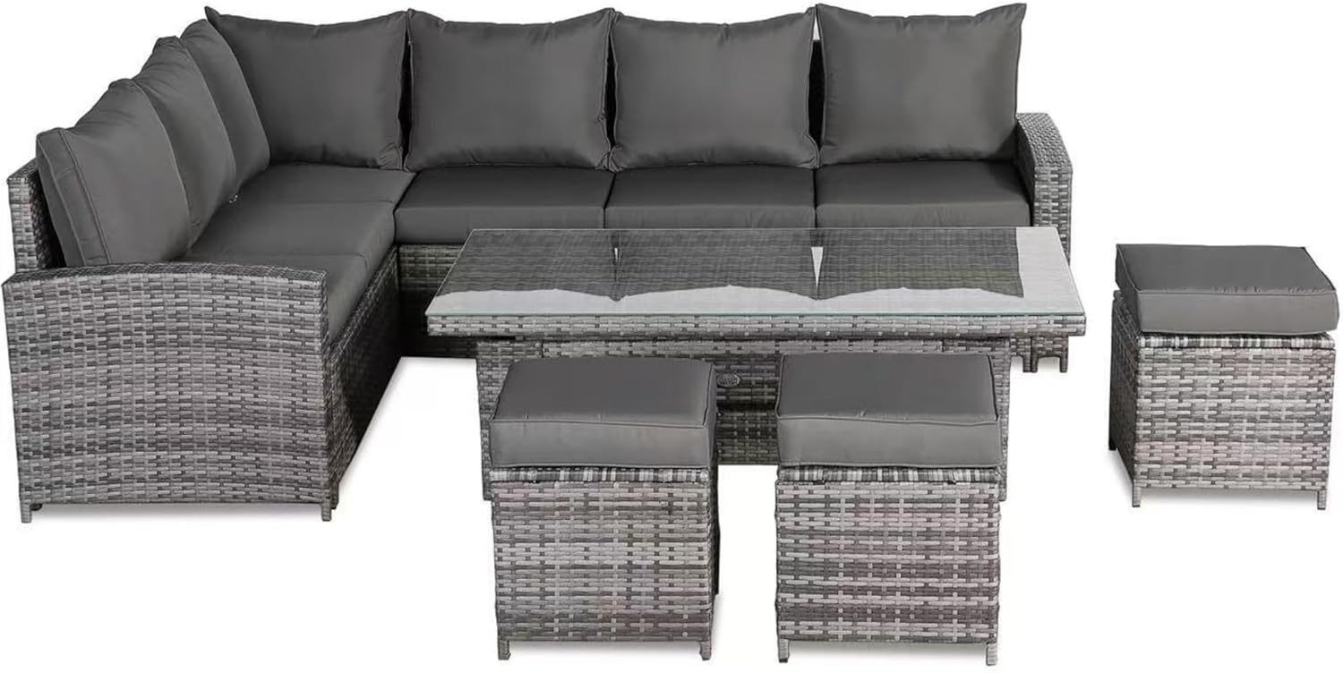 Henley Range 9-Seater High Back Rattan LHF Dining Corner Sofa Set , Garden Conservatory Corner Sofa，Rising Glass Dining Table with 3 footstools and Cushions