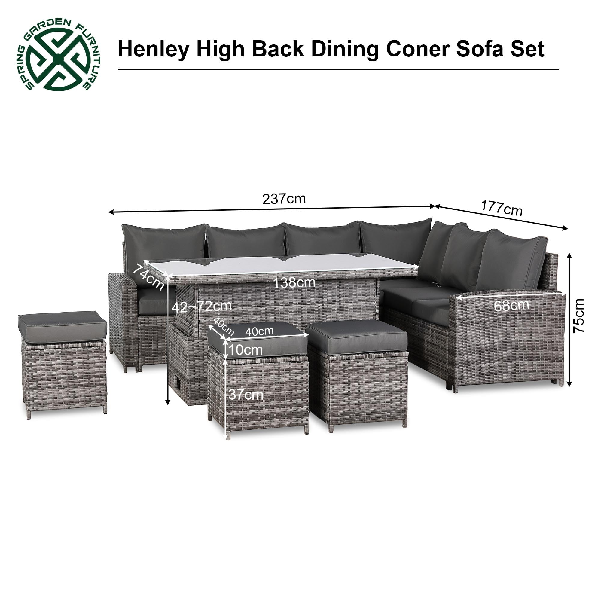 Henley Range 9-Seater High Back Rattan RHF Dining Corner Sofa Set, Garden Conservatory Corner Sofa，Rising Glass Dining Table with 3 footstools and Cushions