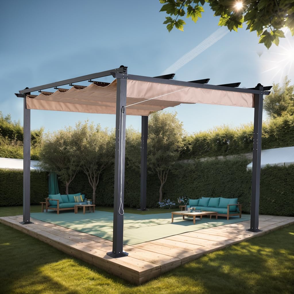 PRE ORDER.... 3 X 3M Aluminium Pergola With Retractable Beige Roof, Large Garden Pergola For BBQ, Outdoor And Patio, In Charcoal