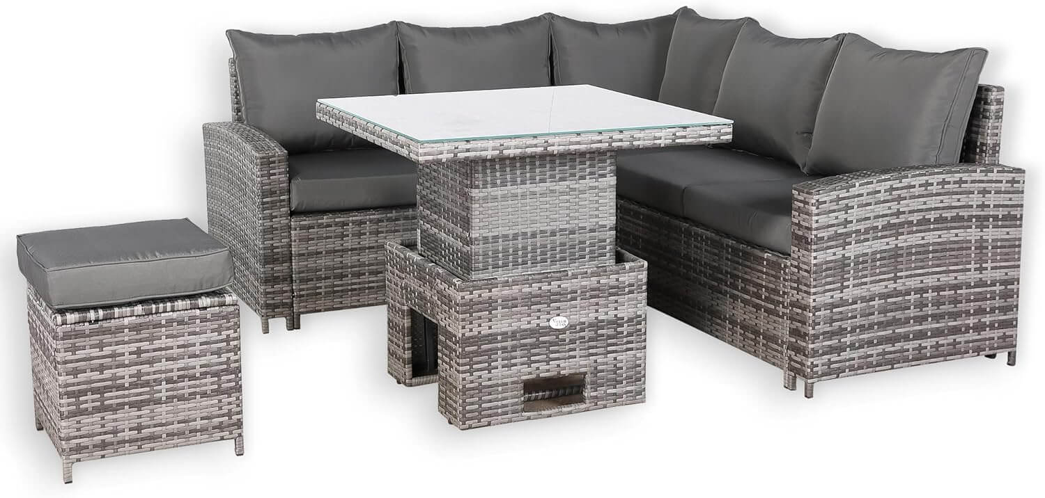 Henley Range 6-Seater High Back Elite Rattan Garden Conservatory Corner Sofa Set with Footstool and Rising Square Dining Table Weaved in Grey Rattan，Grey Cushions