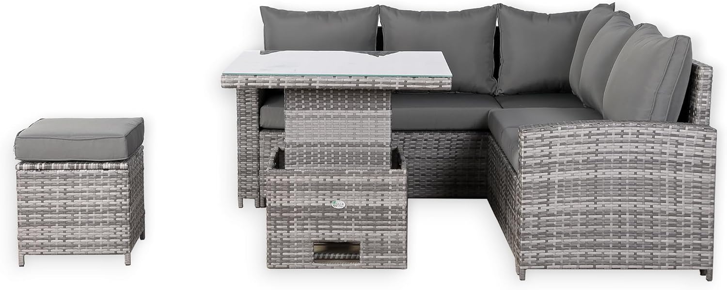 Henley Range 6-Seater High Back Elite Rattan Garden Conservatory Corner Sofa Set with Footstool and Rising Square Dining Table Weaved in Grey Rattan，Grey Cushions