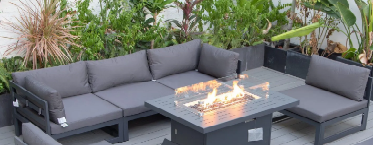 Brighton Range 5 Seater Furniture Set，All-Weather Garden Conservatory 3-Seater Sofa，Chairs and Fire Pit Table in Grey Aluminium Frame