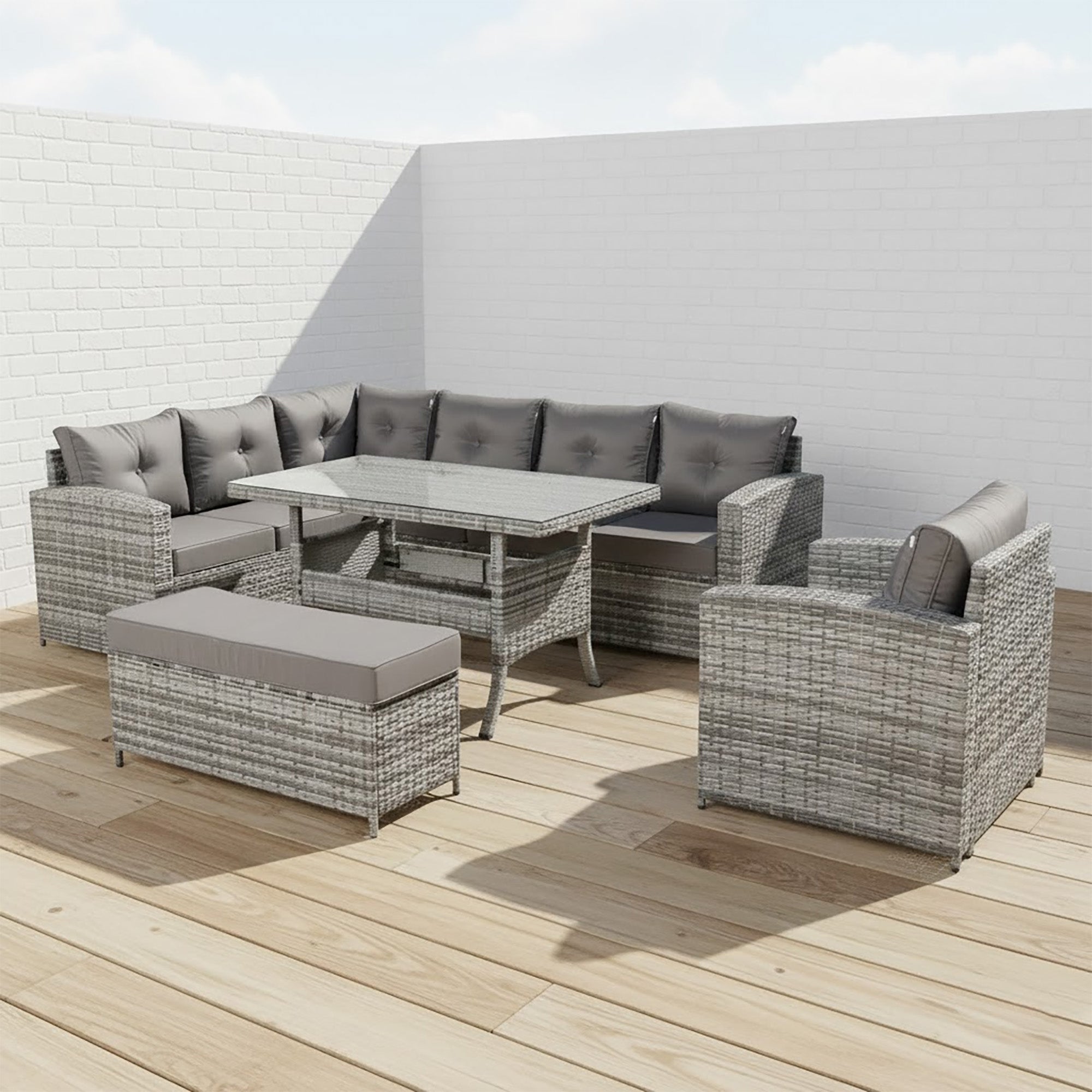 Flint Range 9-Seater High Back Elite Rattan Garden Conservatory LHF Corner Sofa Set with Arm Chair,Bench,Rectangular Dining Table Weaved in Grey Rattan and Cushions