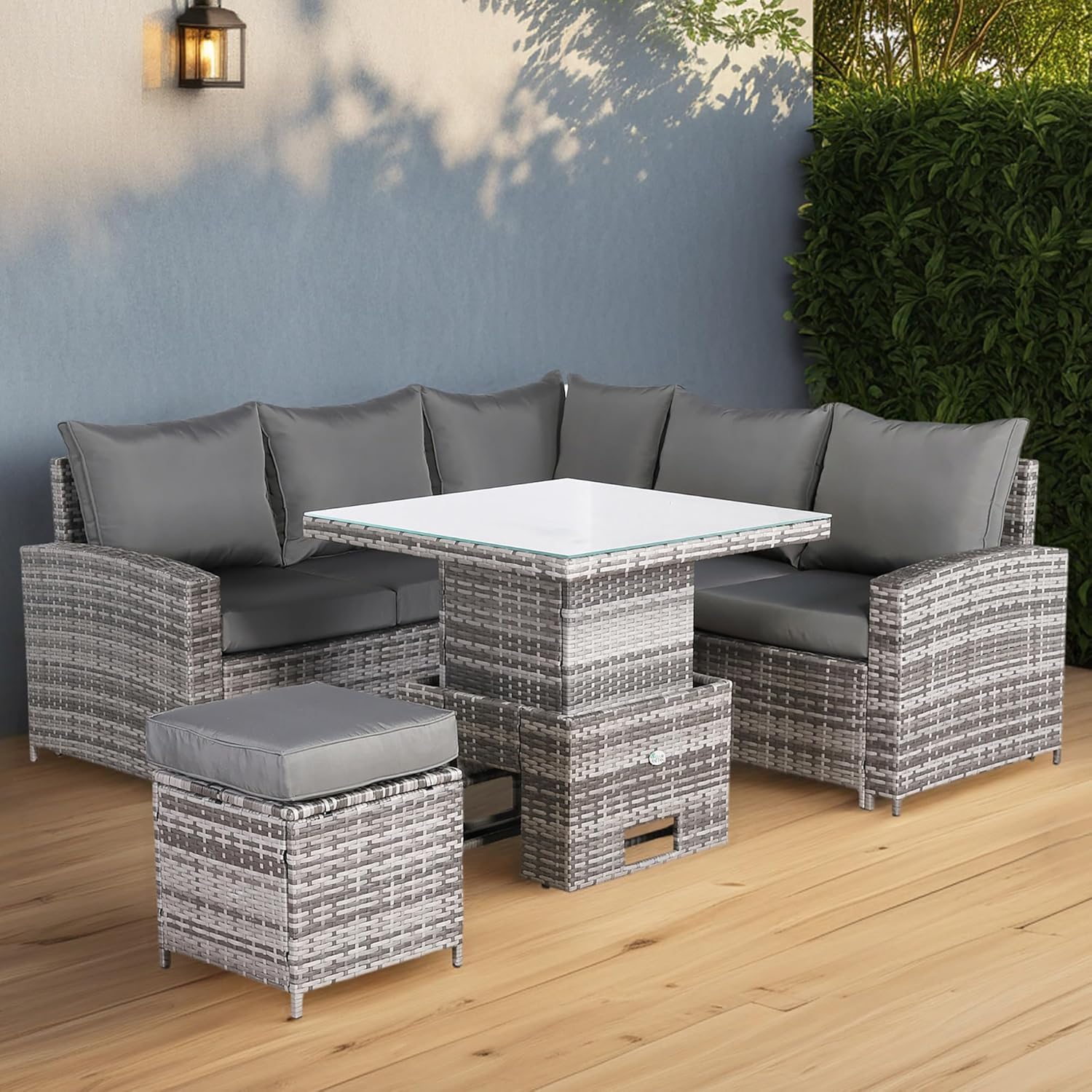 Henley Range 6-Seater High Back Elite Rattan Garden Conservatory Corner Sofa Set with Footstool and Rising Square Dining Table Weaved in Grey Rattan，Grey Cushions