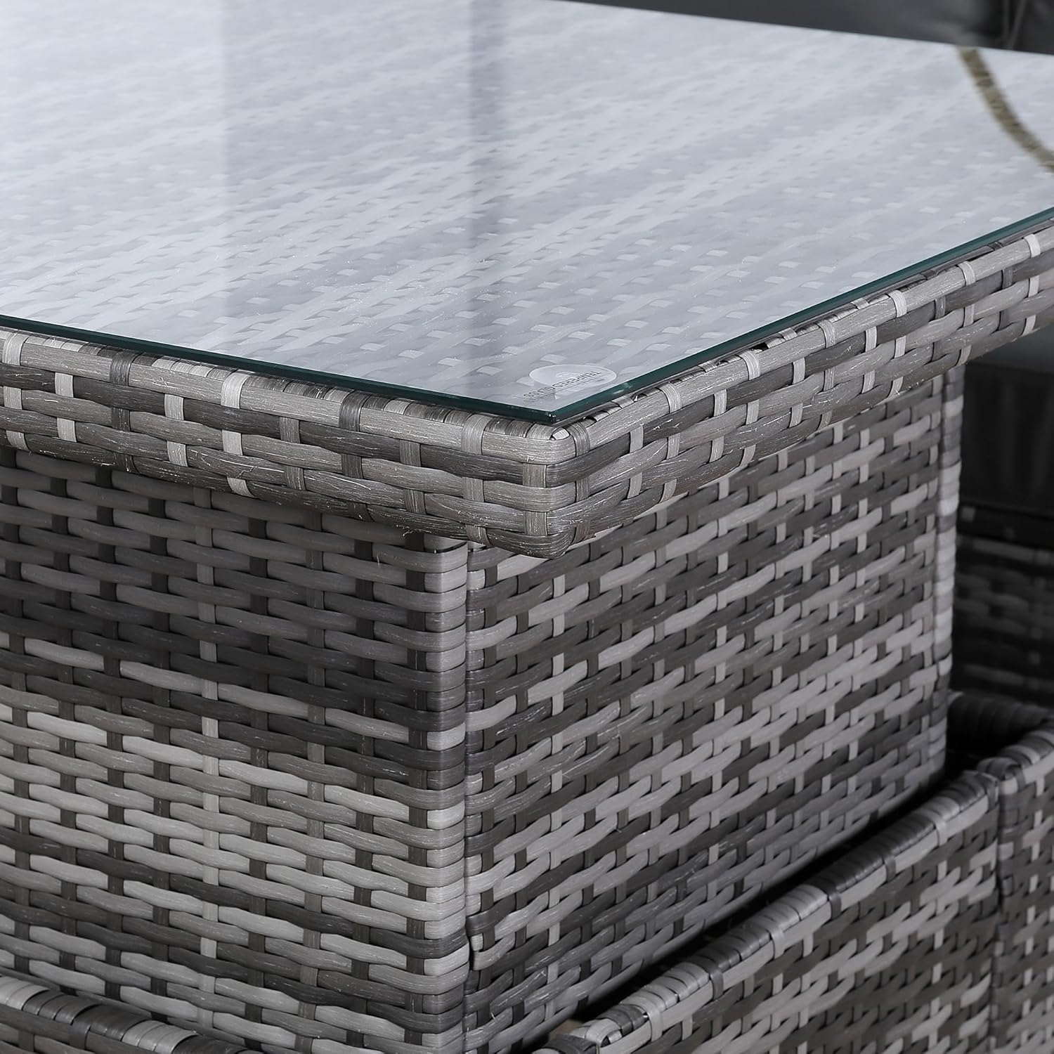 Henley Range 6-Seater High Back Elite Rattan Garden Conservatory Corner Sofa Set with Footstool and Rising Square Dining Table Weaved in Grey Rattan，Grey Cushions