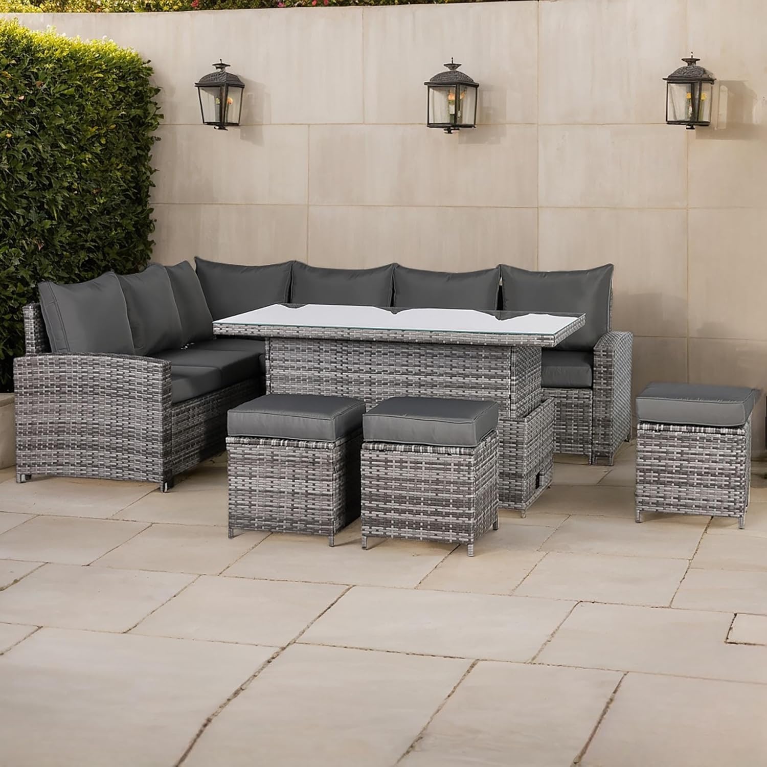 Henley Range 9-Seater High Back Rattan LHF Dining Corner Sofa Set , Garden Conservatory Corner Sofa，Rising Glass Dining Table with 3 footstools and Cushions