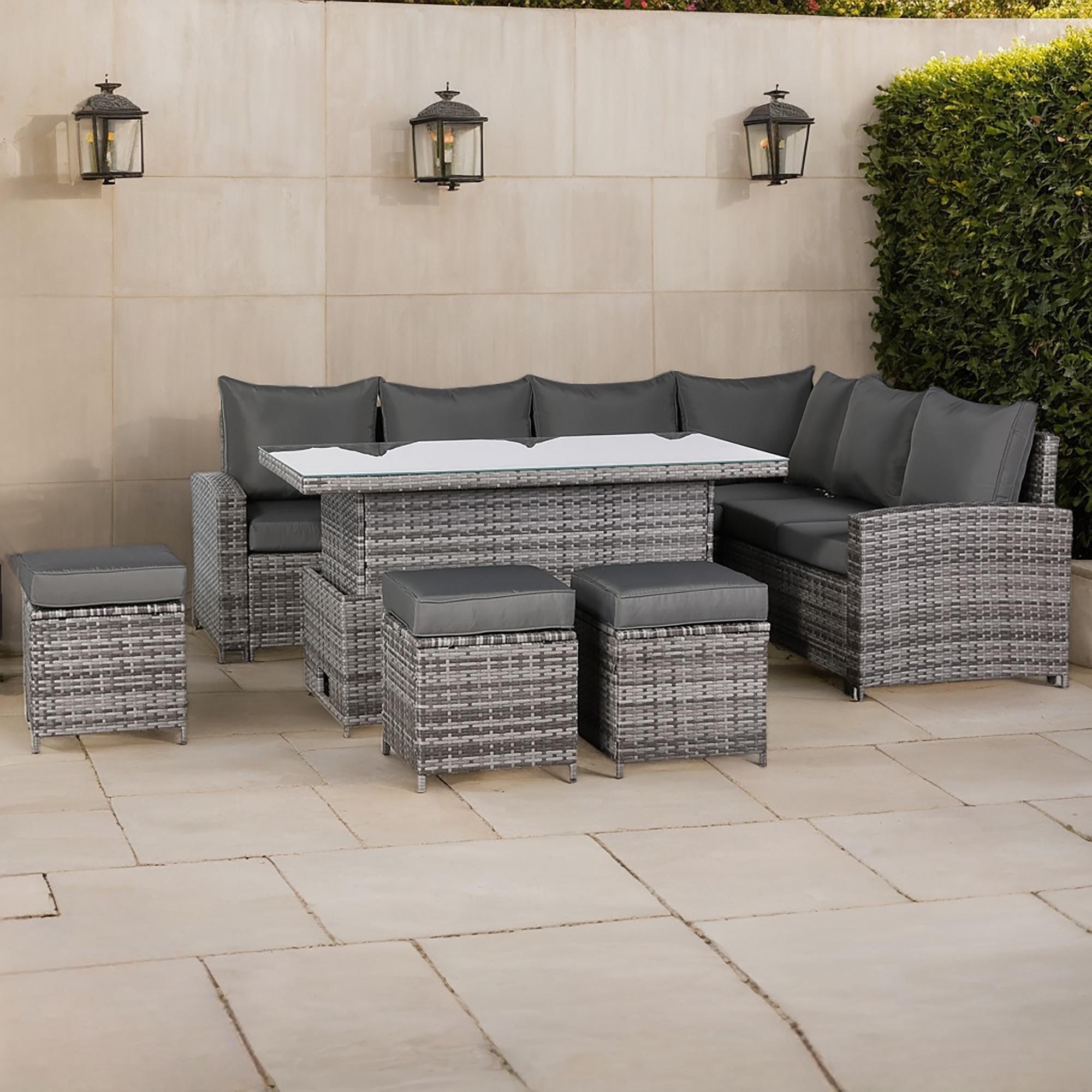 Henley Range 9-Seater High Back Rattan RHF Dining Corner Sofa Set, Garden Conservatory Corner Sofa，Rising Glass Dining Table with 3 footstools and Cushions