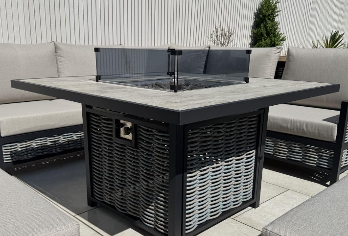 Bristol Range 9-Seater Garden Furniture Set,All-Weather Handwoven Sofa Set ，Square Table with Glass Wind Guard ，Black Mixed-Weaved Rattan with 2 Bench，Grey Cushions