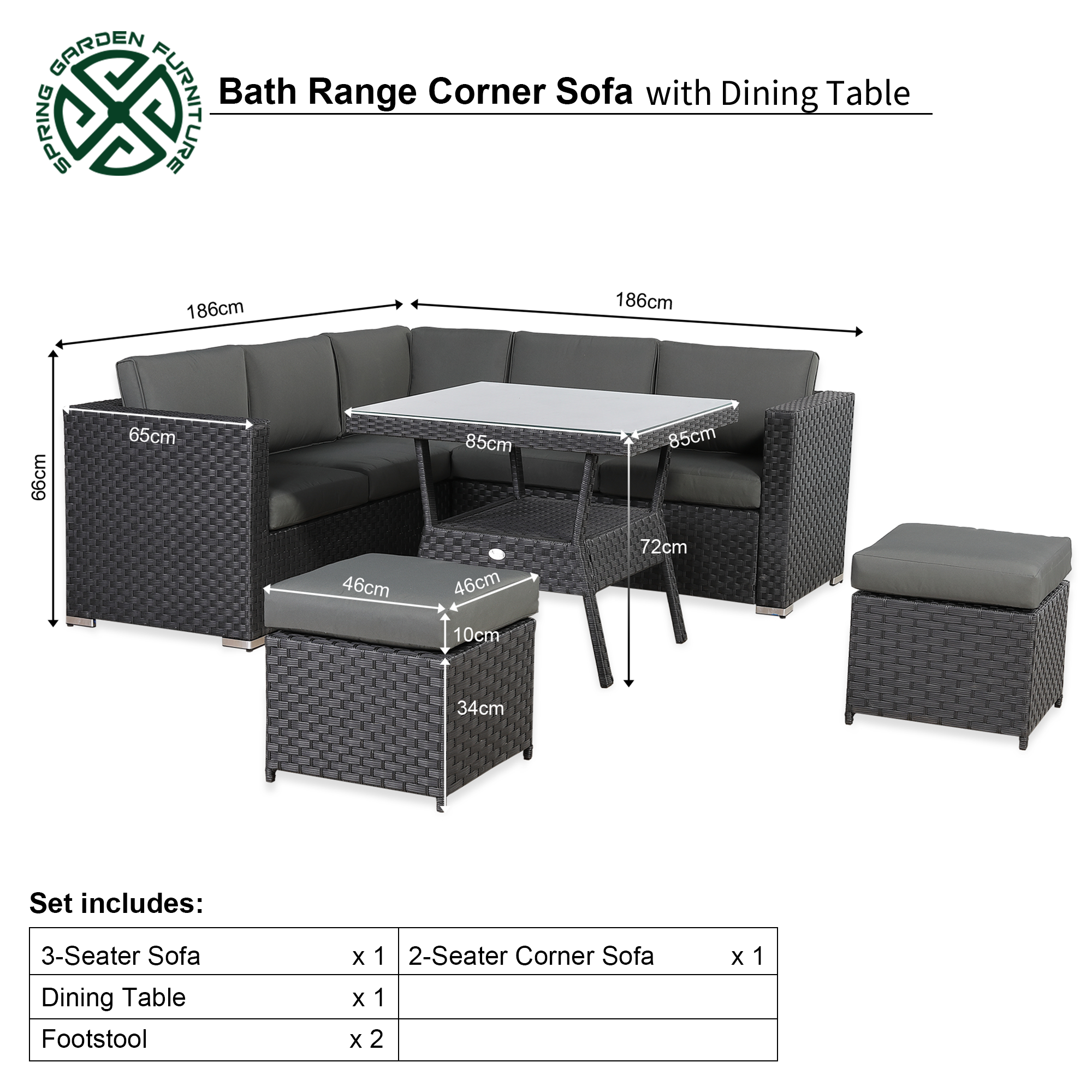 [Pre Order]Bath 7-Seater Rattan Corner Sofa Dining Set | All-Weather Patio Sectional with Dining Table & Footstools