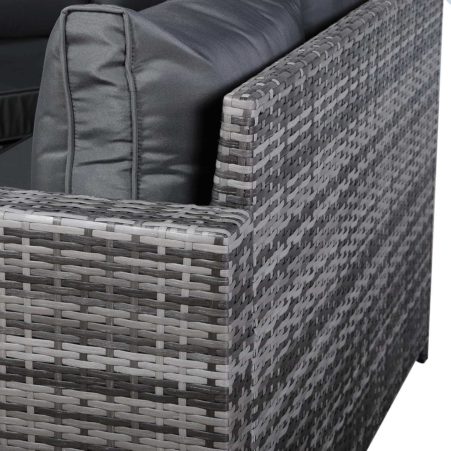 Henley Range 6-Seater High Back Elite Rattan Garden Conservatory Corner Sofa Set with Footstool and Rising Square Dining Table Weaved in Grey Rattan，Grey Cushions